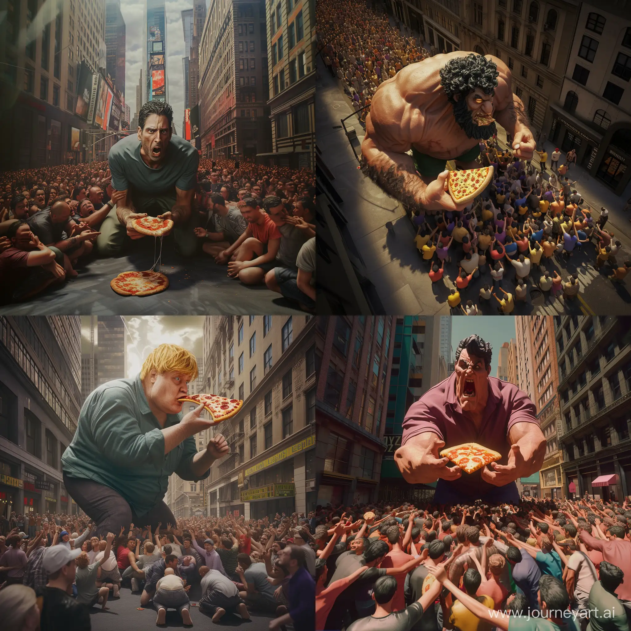 /imagine Dave portnoy (celebtrity) realistic in photo realistic new york street scene, being adored by millions of people. Dave Protnoy will hold a slice of pizza and greedily eating it, as a big figure surrounded by millions of people on their knees just gobbling up pizza. Style: Ultra Photo Realistic, cinemtic lighting