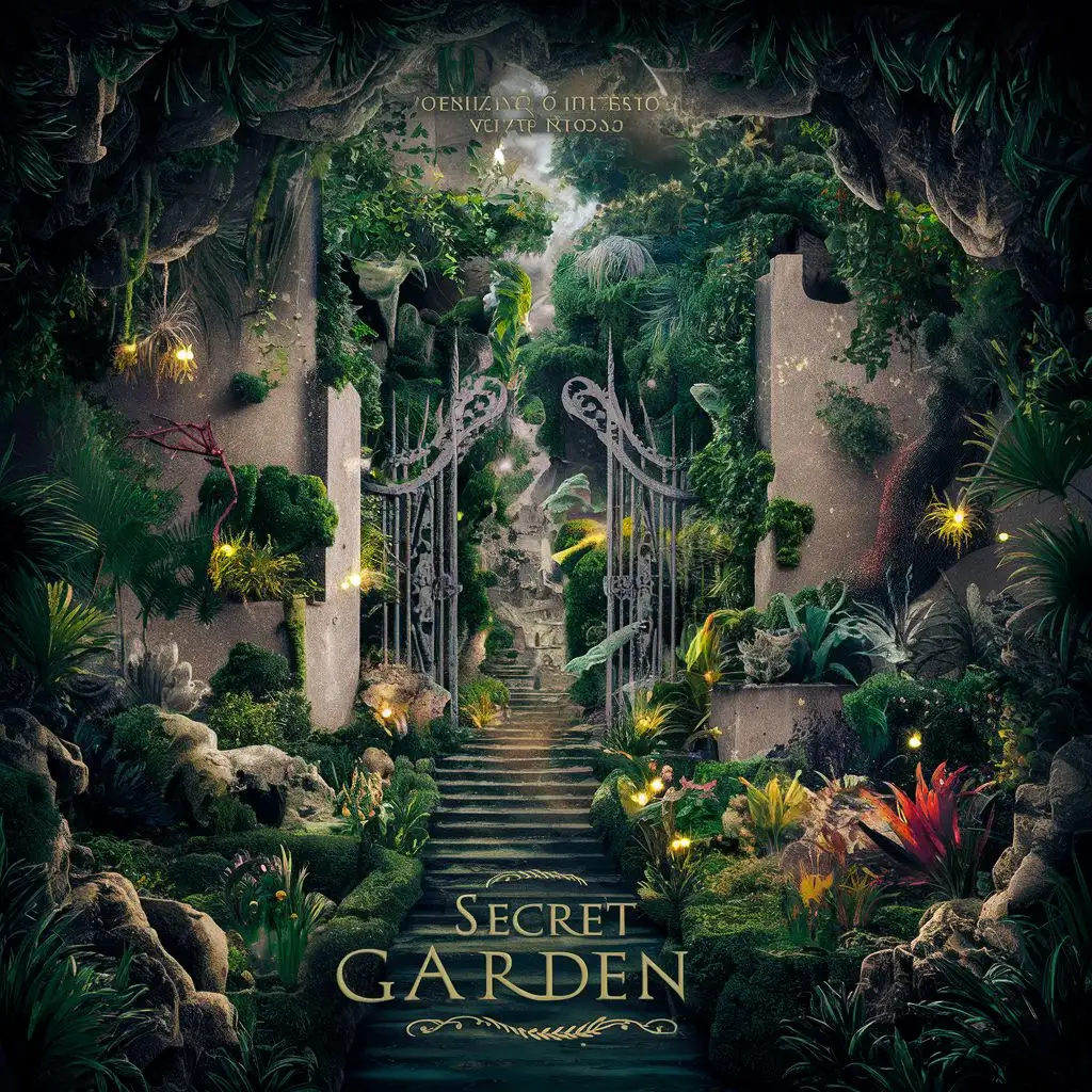 Lush, secret garden scenes filled with fantastical plants, hidden paths, and enchanting creatures.
