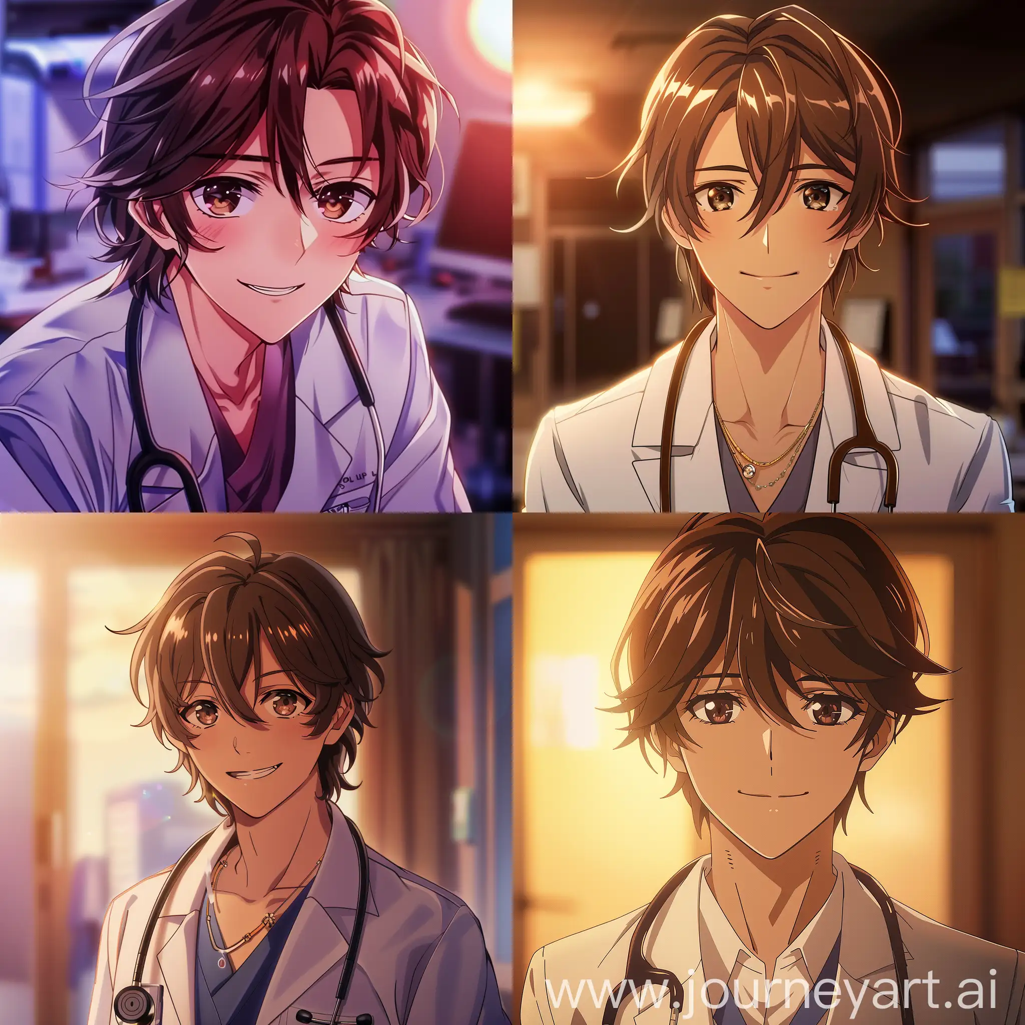 Anime małe, doctor, medium lenght brown hair, deep brown eyes, gentle smile, mysterious yet polite, handsome, 4k, vibrant lighting