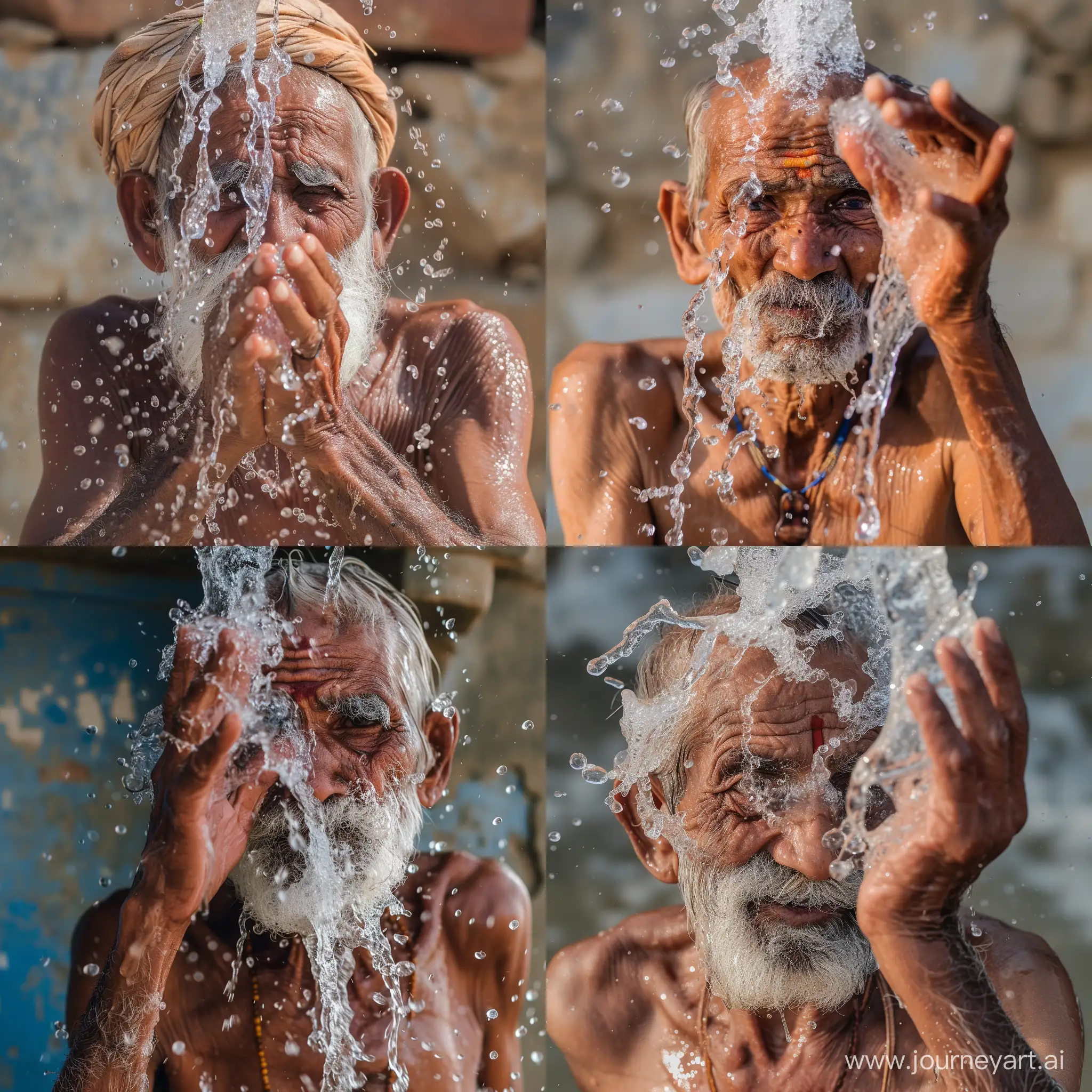 Very old skinny men rajasthan india throws water over his face background onscharp foto realistisch fuji xt5 50mm lens detailed