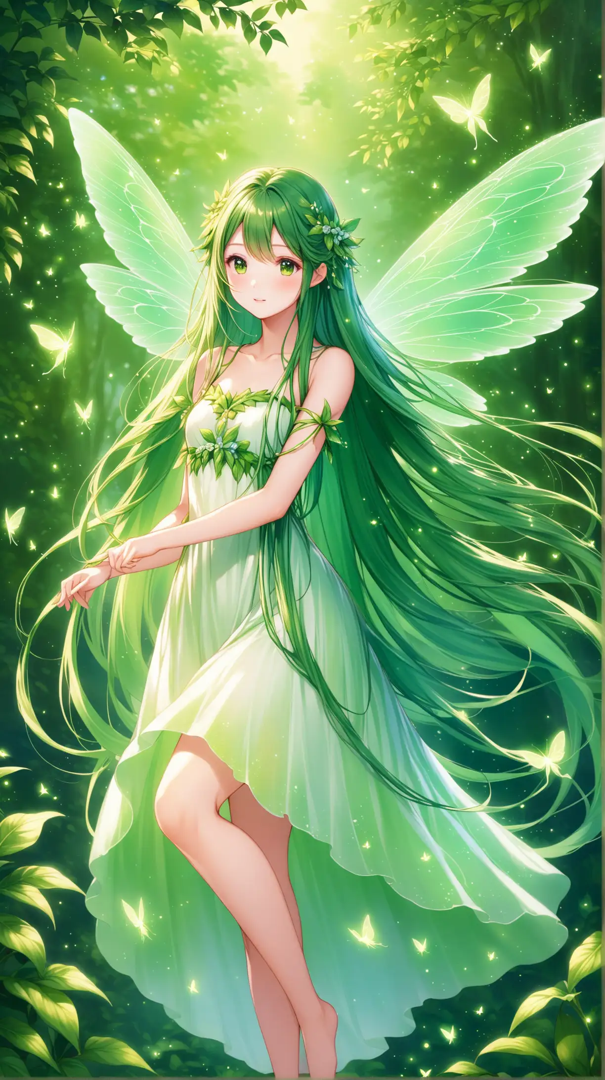 Enchanting Fairy Girl with Long Hair in a White Dress and Green Wings