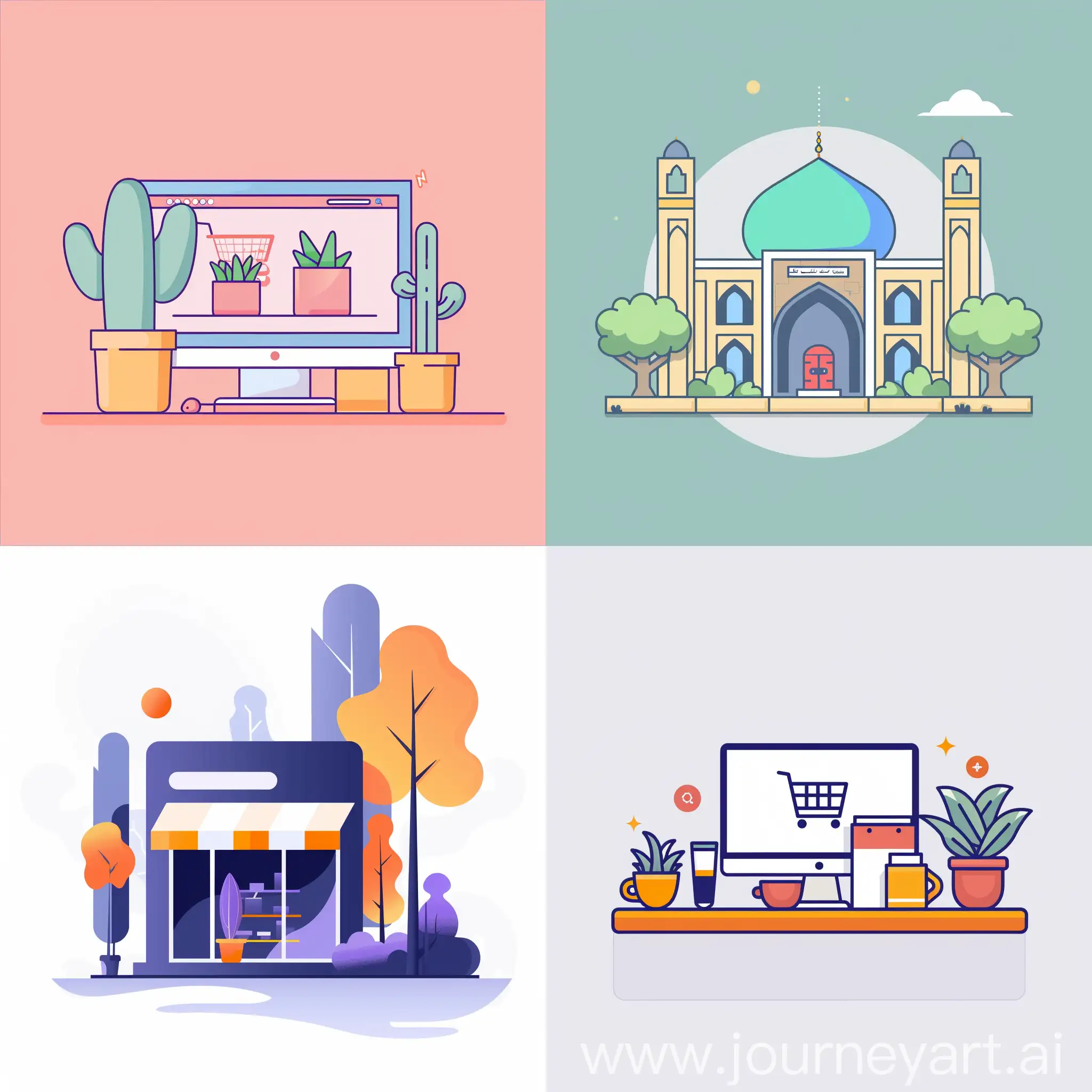 illustration a minimal graphic image about "How to build ecommerce website in Rasht city in Iran" with a plain color background
