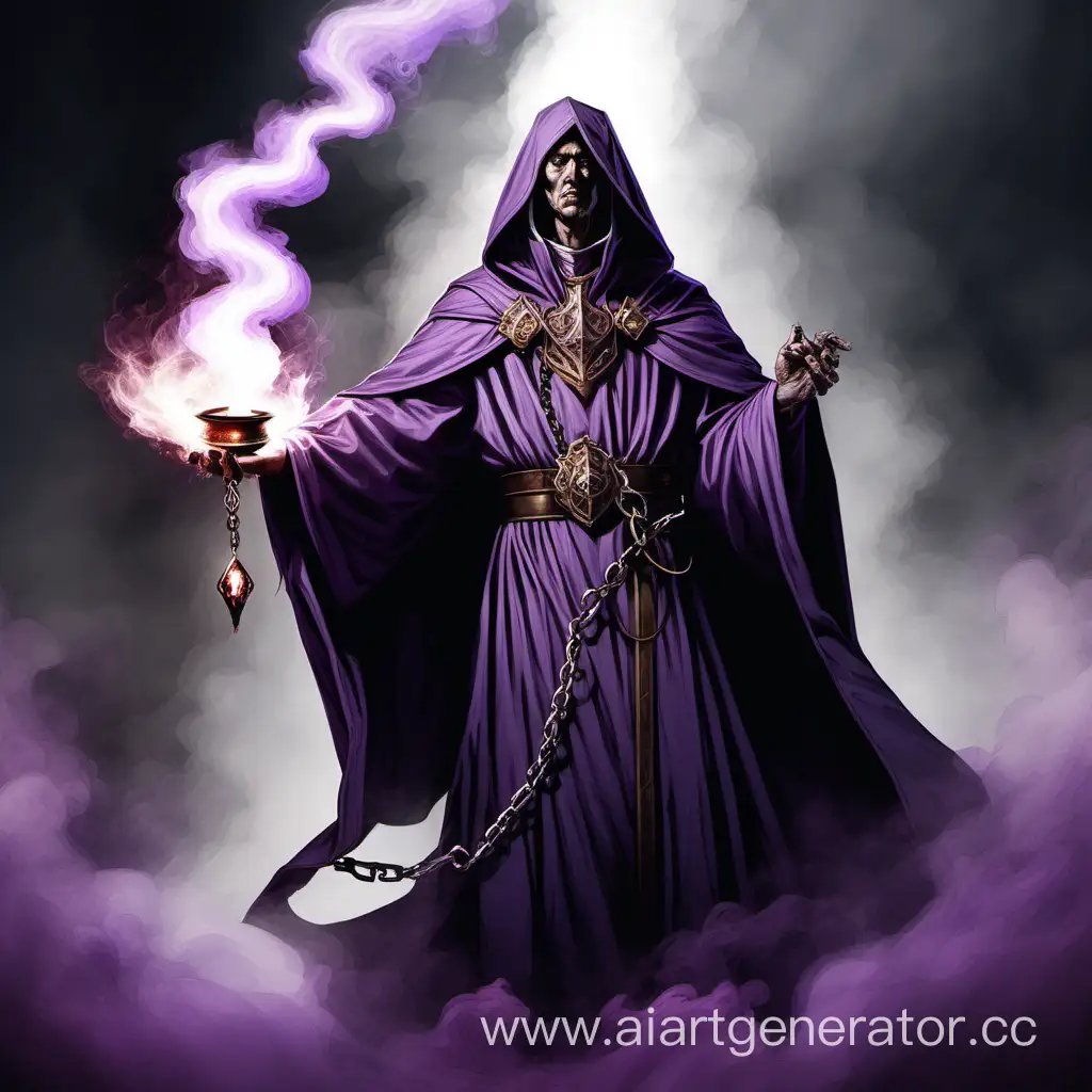 Священник с кадилом на цепи из Старый которого выходит фиолетовый дым в правой руке и мечом в левой руке в серой рясе для Dungeons and Dragons Фэнтези