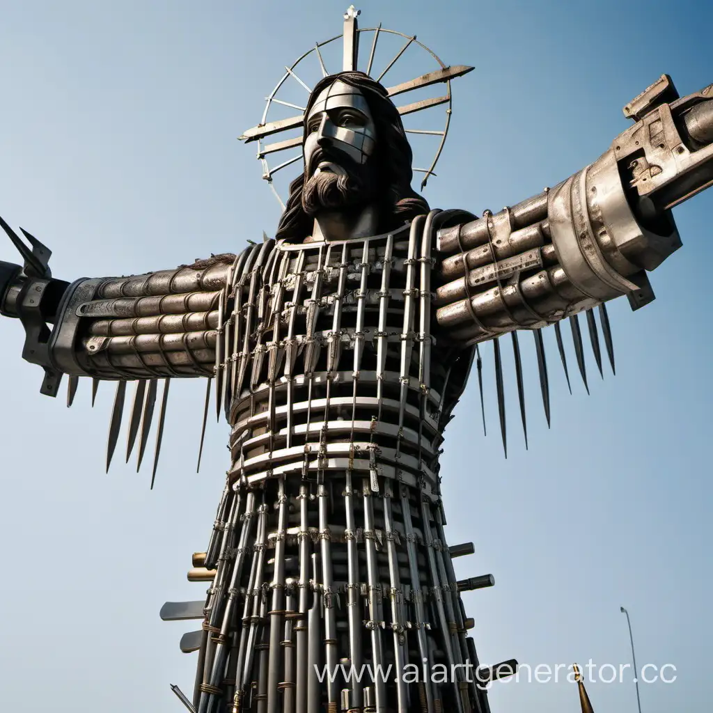 огромная статуя иисуса, состоящая из оружия