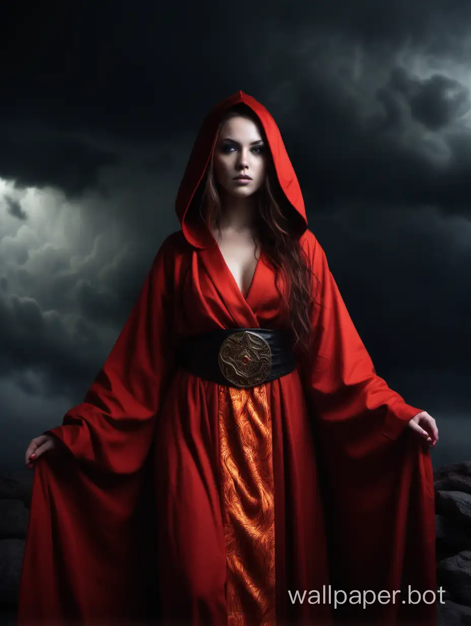 A 25 year old priestess dressed in red fiery robes with a dark stormy background staring at you