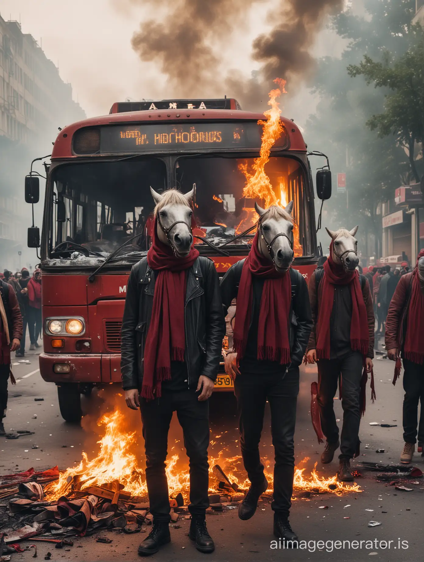Urban-Chaos-Hooligans-with-Horse-Heads-and-Maroon-Scarves-Amidst-Burning-City