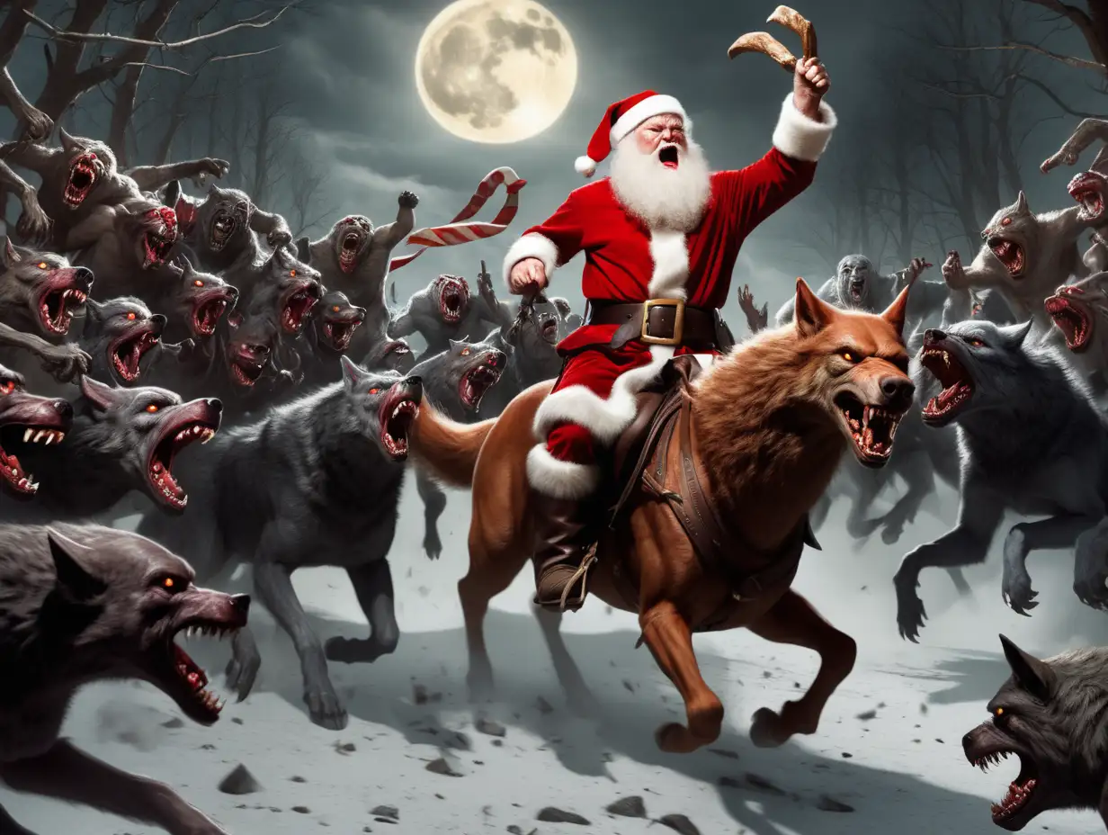  Kris Kringle on horseback fighting a horde of werewolves