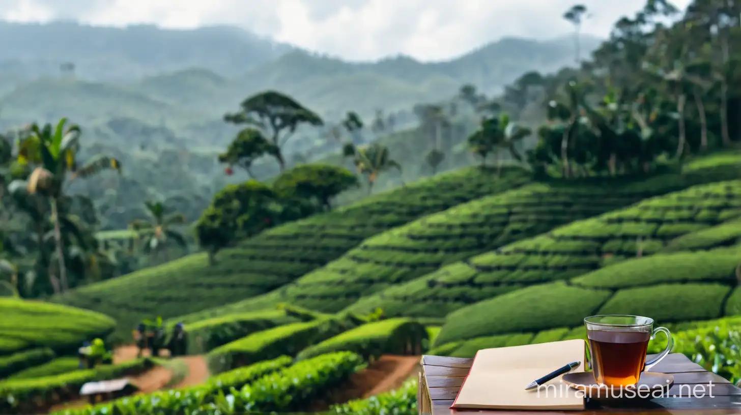 Focusing in the foreground is where the top of the tea table is, on which there is a cup of tea and a notebook. Against the background of a tea plantation in Sri Lanka