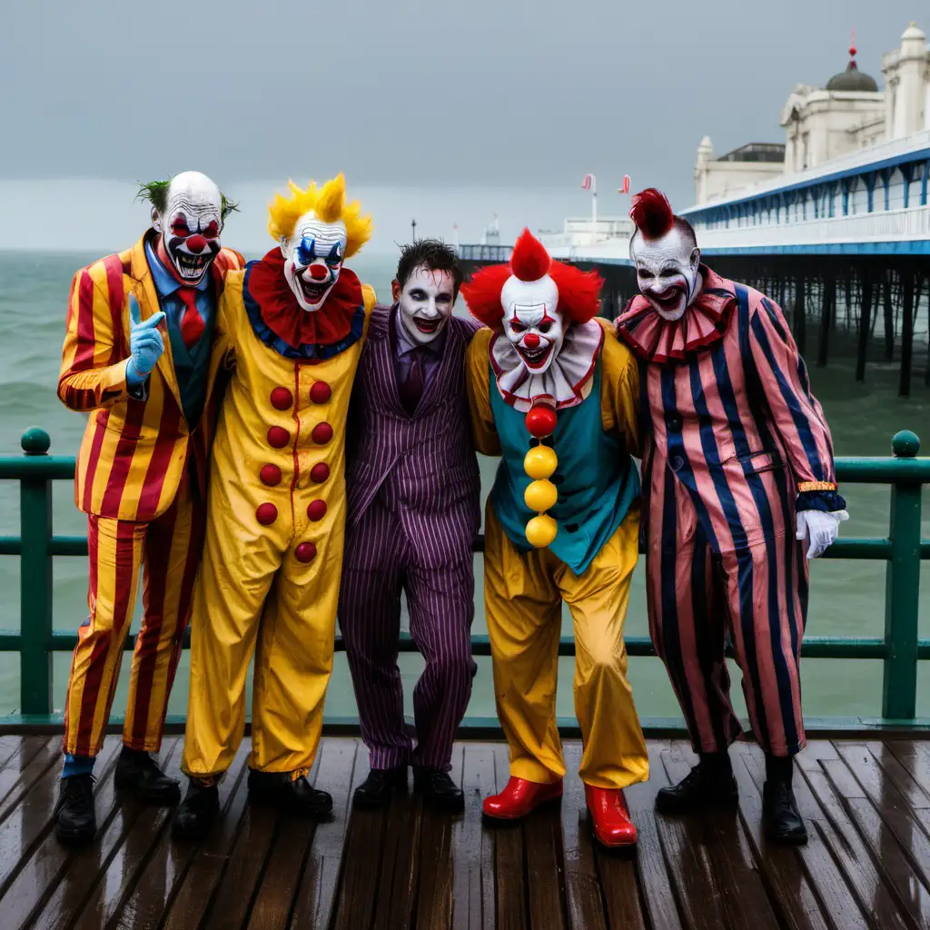 group photo of scary clowns on pier in brighton in the rain


