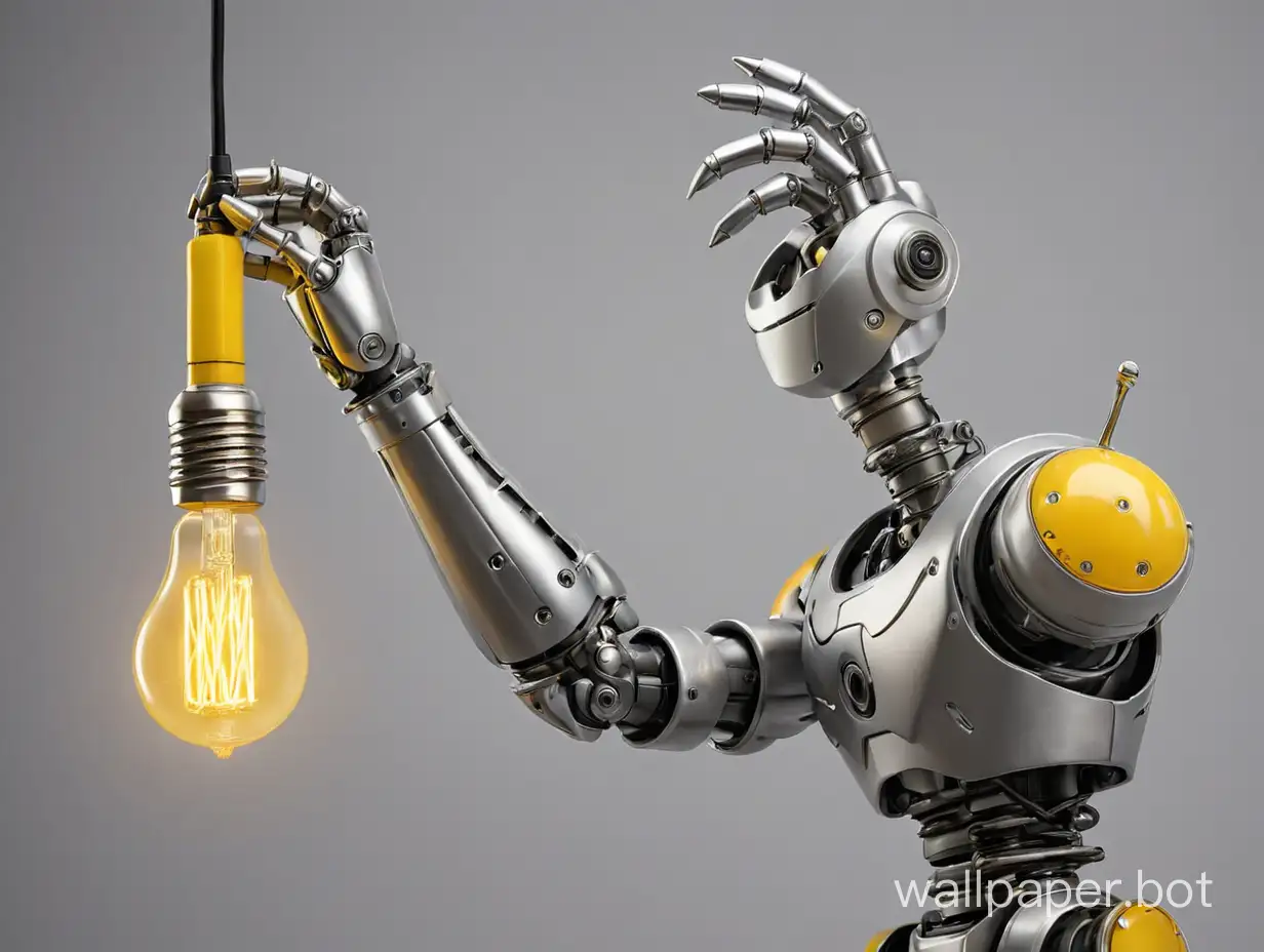 A silver robot arm holds a yellow light bulb, a silver background