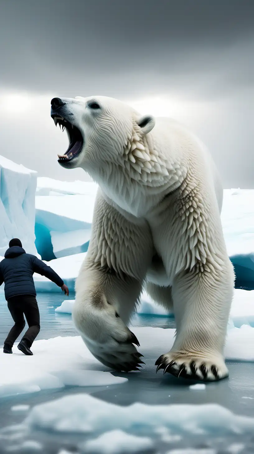 generate a image of a polar bear attacking a man in antartica. hyper realistic , 8k , full clarity
