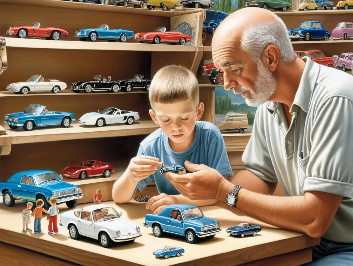 A 10 year old white boy and his 40 year old father look at a small white miniature car that is the size of the child's hand. the father has shaved hair. The child with his father are in a shop that sells small miniature cars. The style of the picture should be similar to the drawing of a fairy tale that stimulates the imagination, in the style of Waldorf education