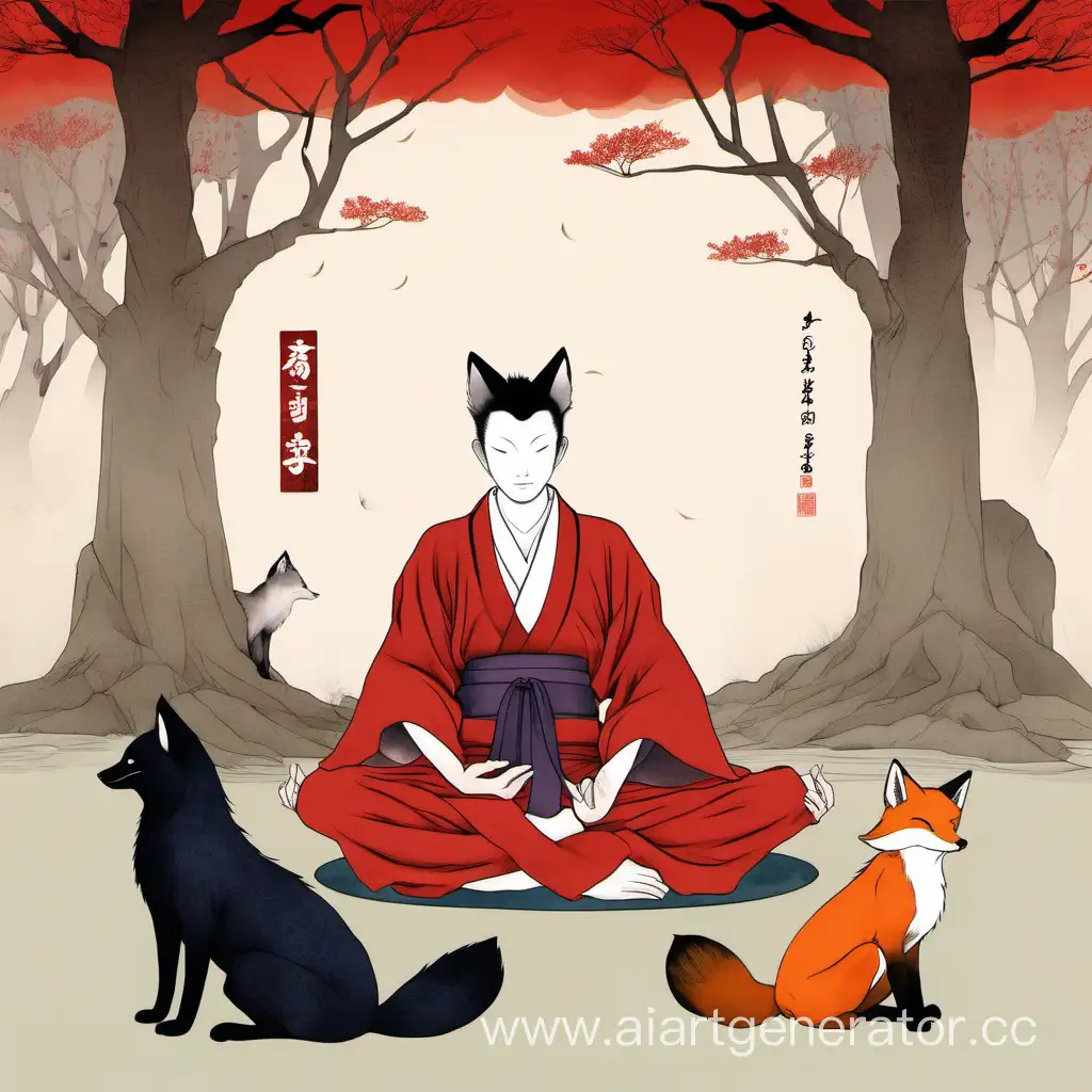 Юноша сидит под деревом в позе лотоса и медетирует, одет в черно-красное кимоно. Справа рядом с ним сидит чёрная лиса, а слева рыжая лиса