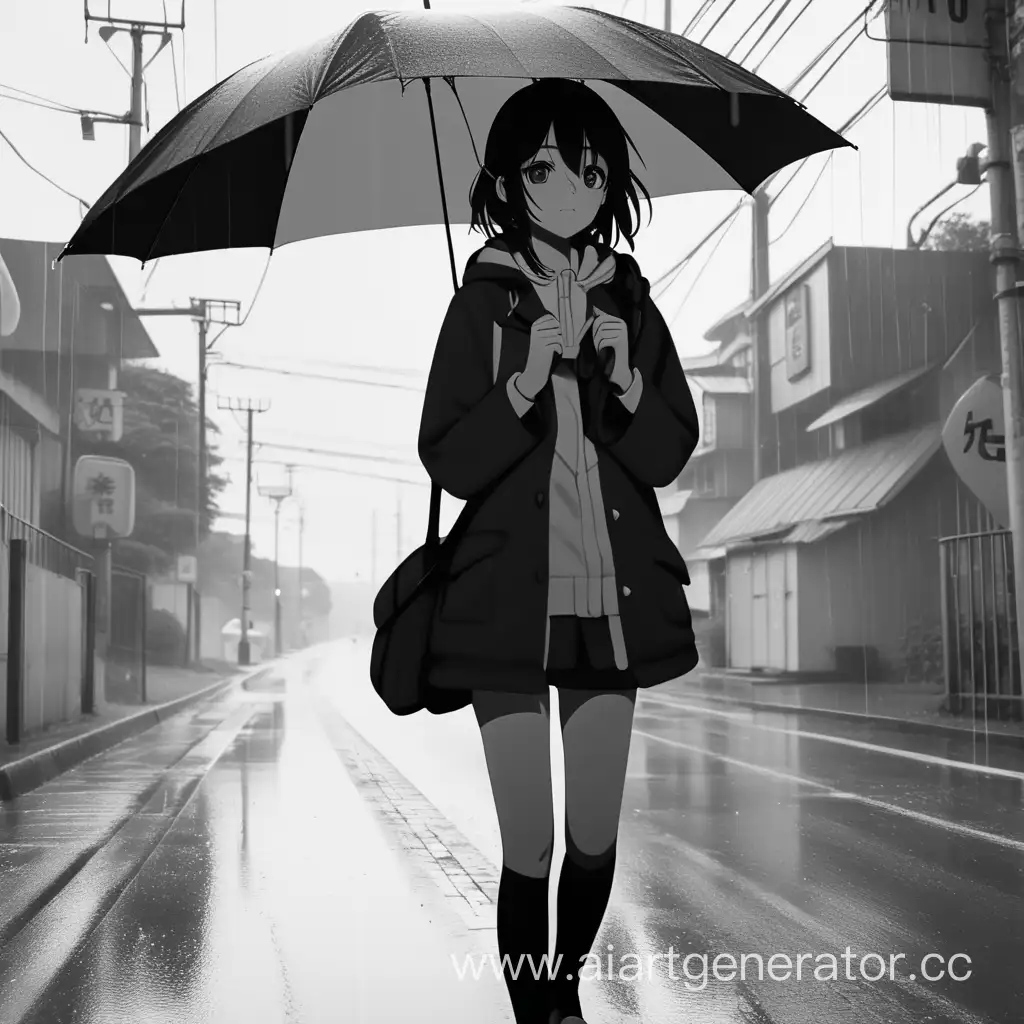 сгенерируй детализированную депрессивную аниме девочку с зонтом, идет по дороге, дождь, в черно белом фильтре