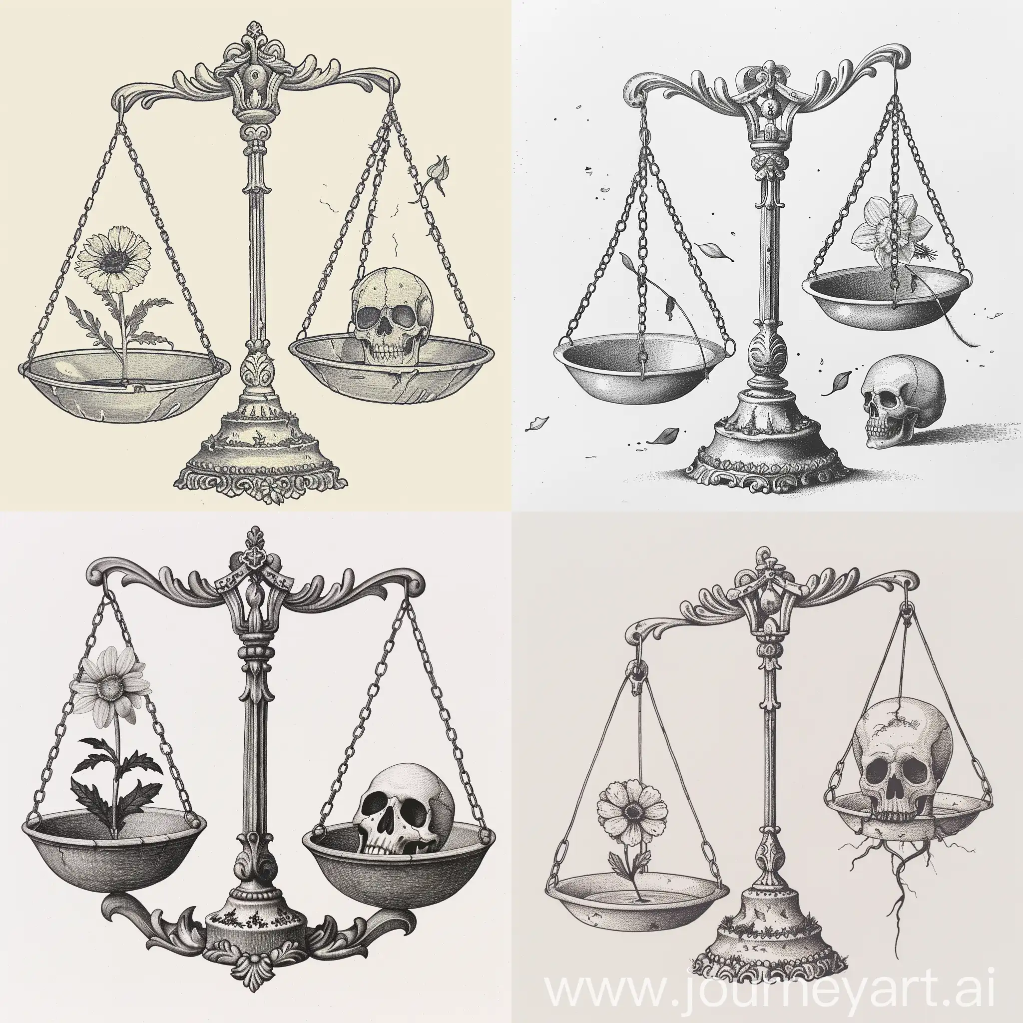 Balance-of-Life-and-Death-Scales-with-Flower-and-Skull-Symbols