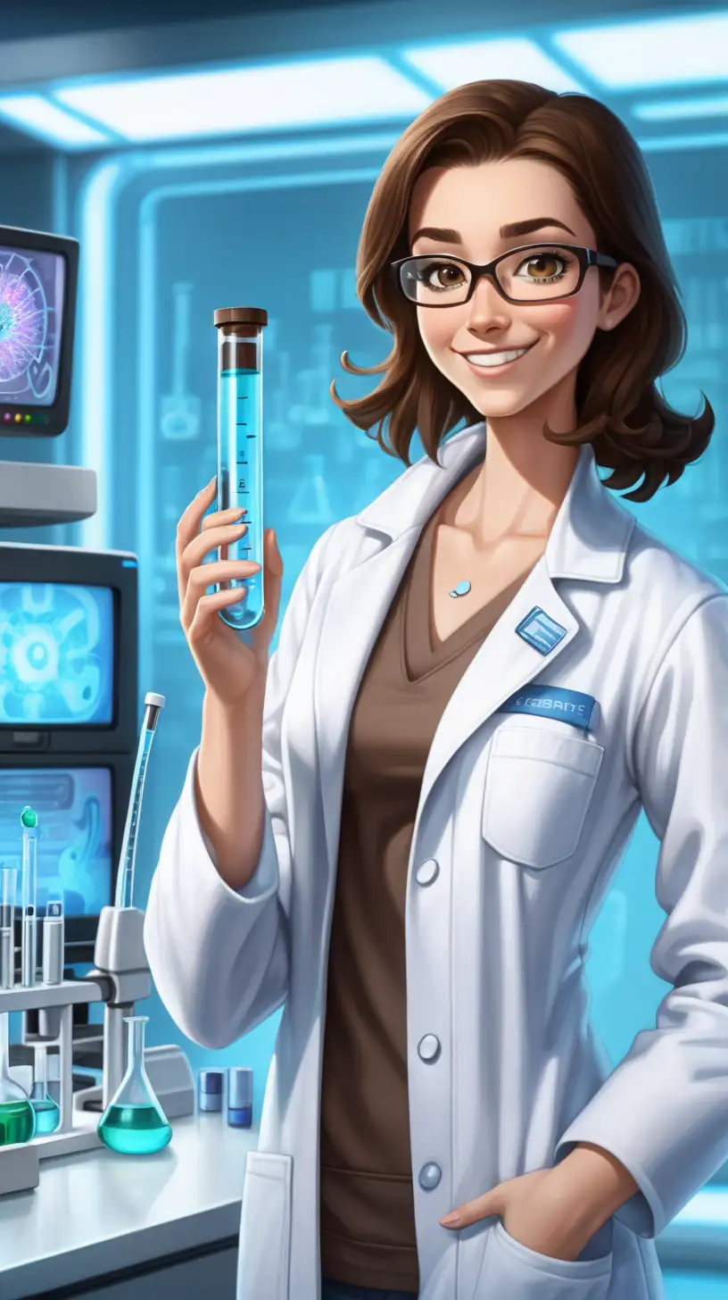 Smiling Brunette Woman in White Lab Coat Holding Test Tube in Futuristic Laboratory