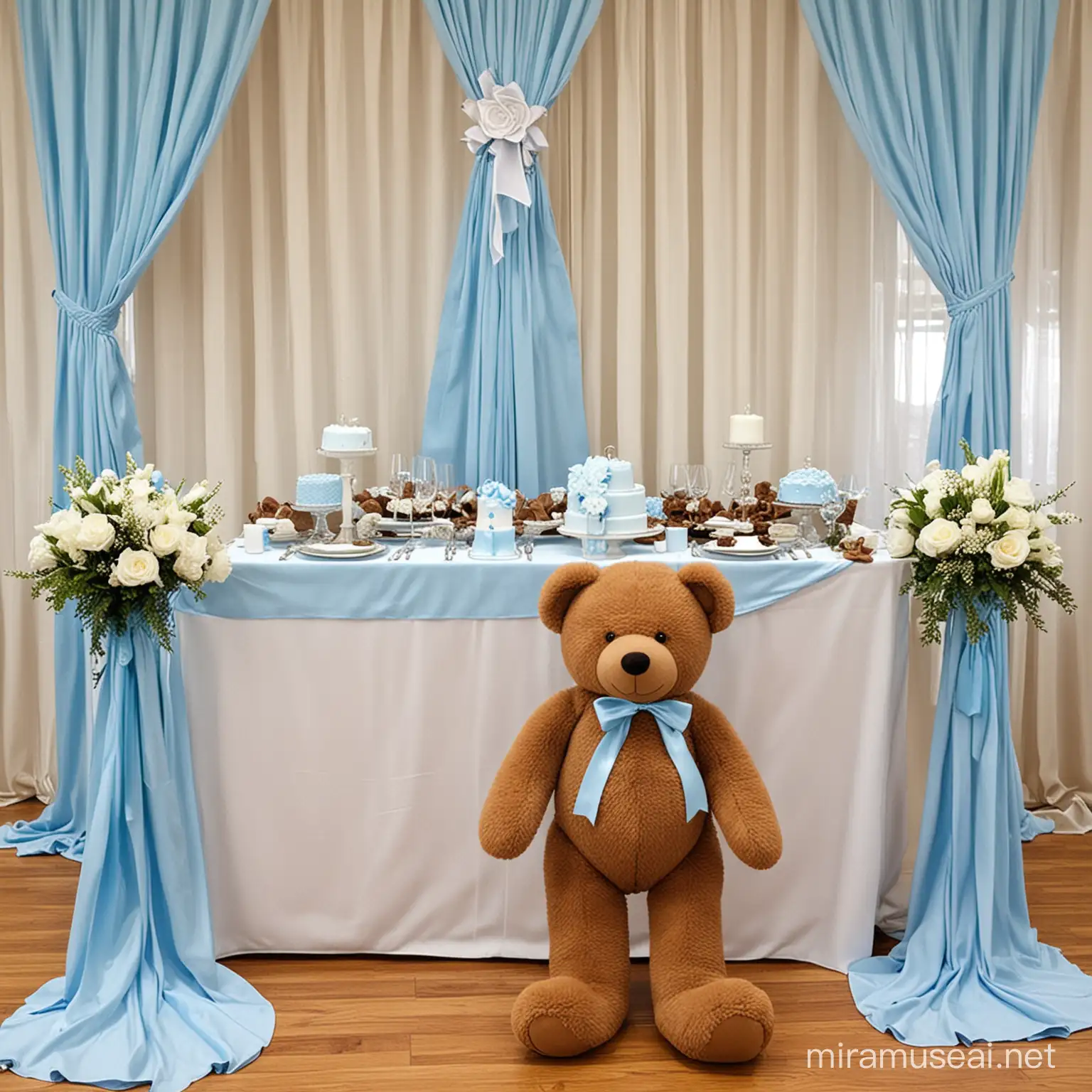 imagine white tablecloths with light blue runners, chairs with white covers and light blue sashes. brown teddy bear centerpieces and banner with its a boy across the curtain backdrop