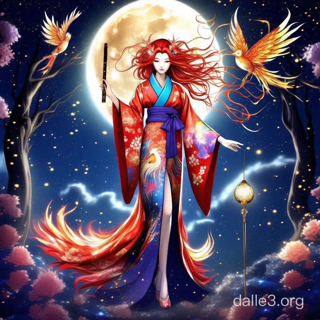 European appearance, realistic, well-defined hair structure, full body shot, object location in the center, front view, fabulous, fantasy, against the background of the galaxy,under the light of the moon, spring theme, fairy in the form of a firebird, in a kimono, holding a magic wand made of wood, high detail, color contrast