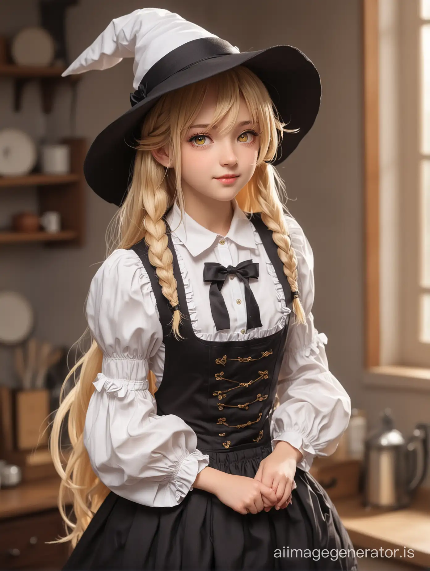 masterpiece, best quality, ultra-detailed, extremely detailed, depth of field, Kirisame Marisa, 1girl, blonde hair, witch hat, yellow eyes, long hair, vest, apron, bow, short sleeves, hat bow, braid, puffy sleeves, skirt