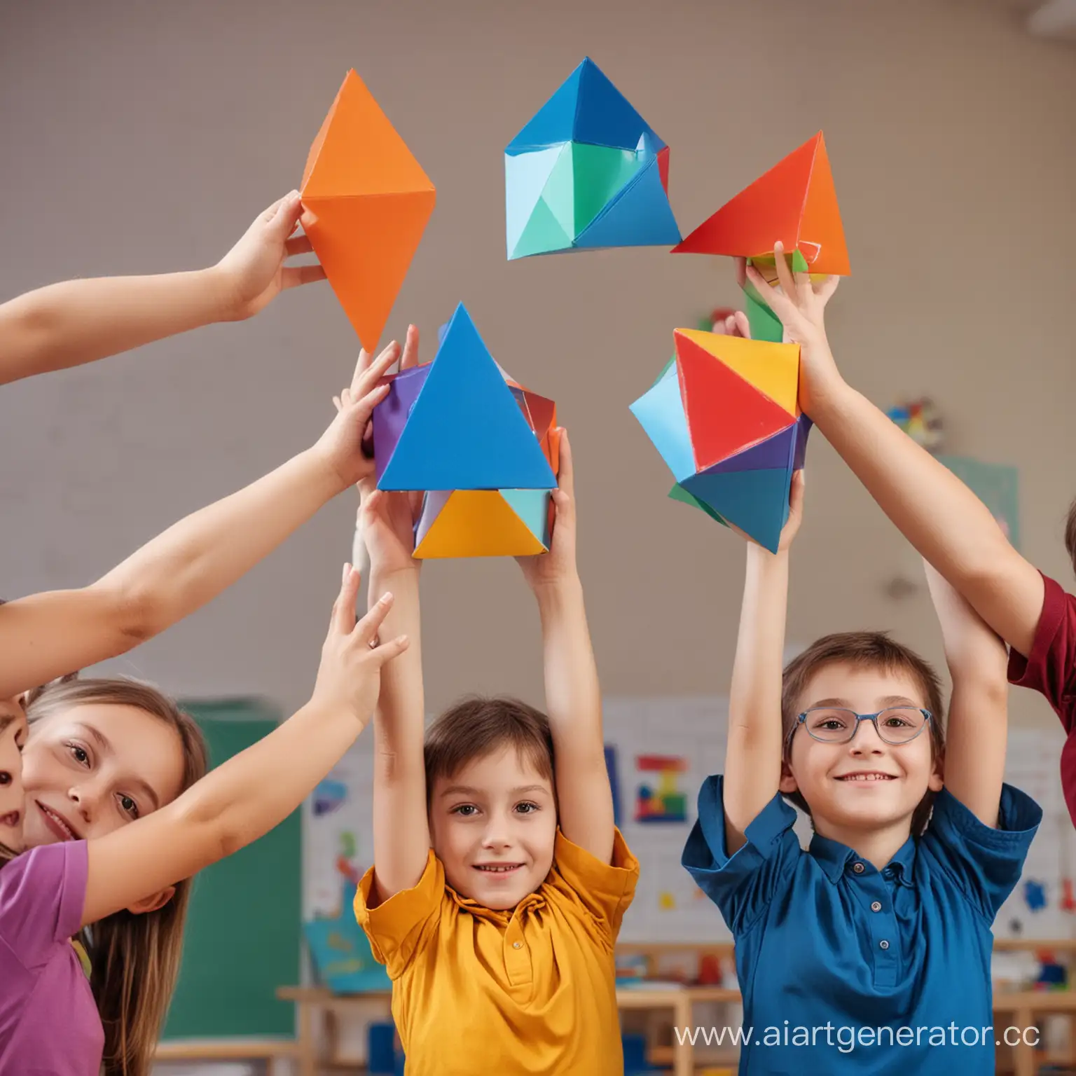 ученики дети,  держат в  руках разные яркие разноцветные геометрические фигуры, на фоне класса