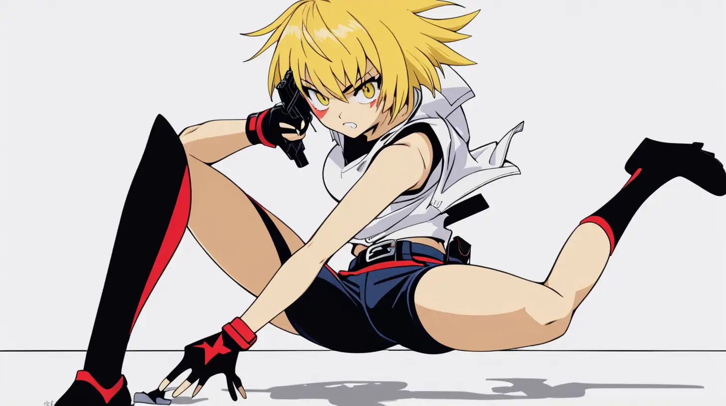 ryuko matoi yellow eyes sexy midriff short white tshirt short yellow hair with black highlights posterized halftone yellow black white 3 color minimal design kneeling down reaching out for handgun in holster hanging on wall