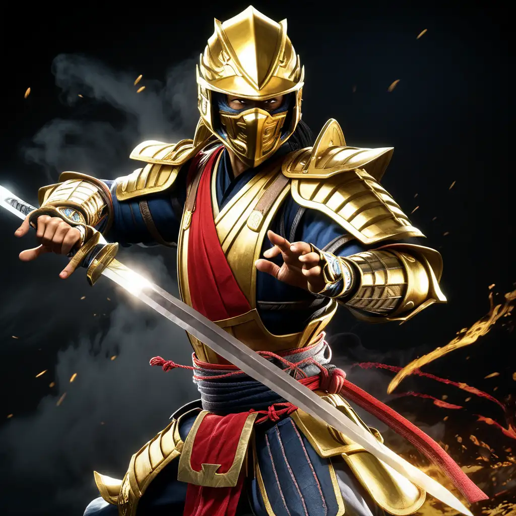 raiden mortal combat samurai wearing gold and red knight armor fighting stance 