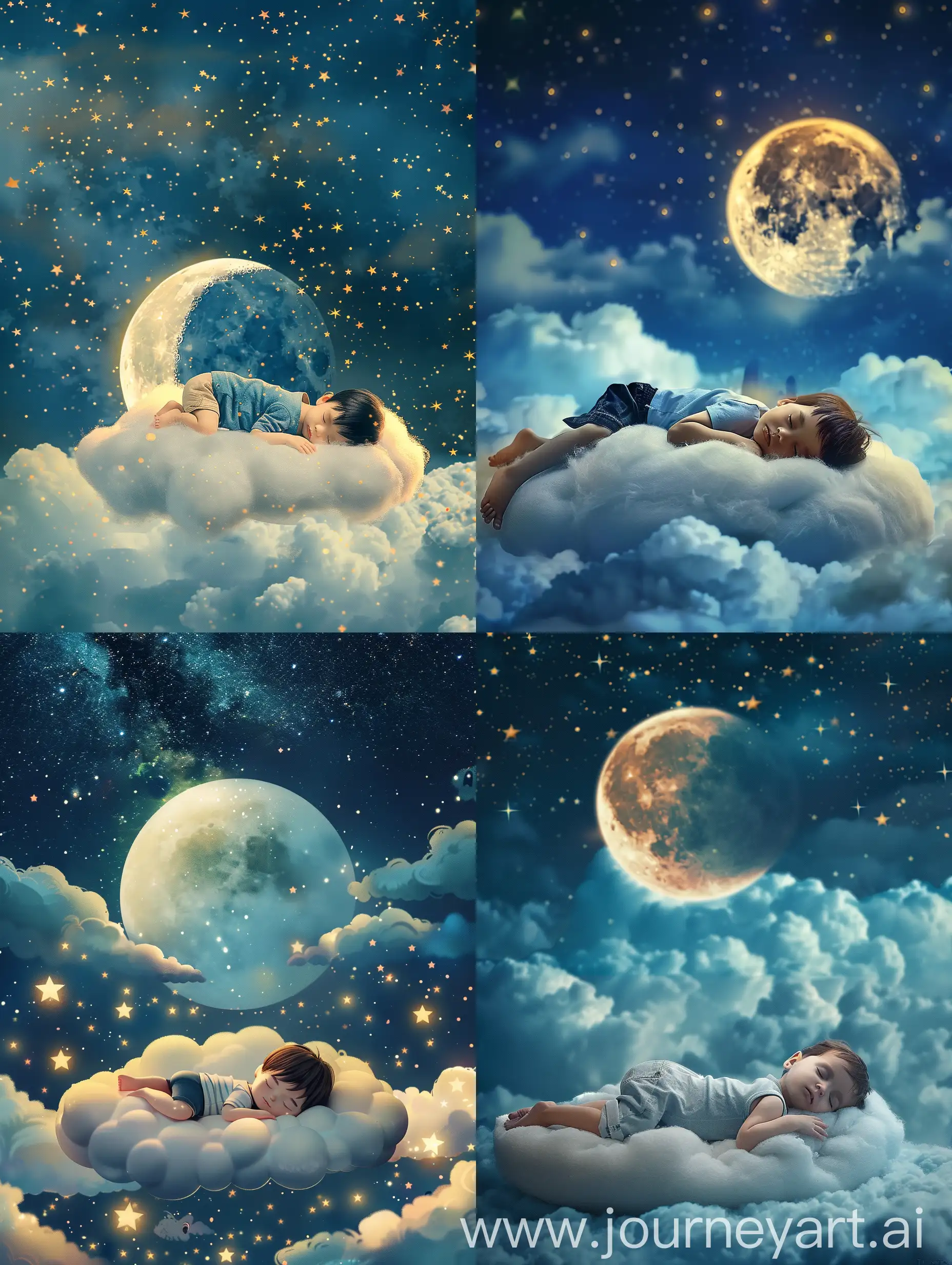 i want a 3d beautiful picture of a cute little boy sleeping on the cloud bed at night time and a big moon behind him and many stars in the sky