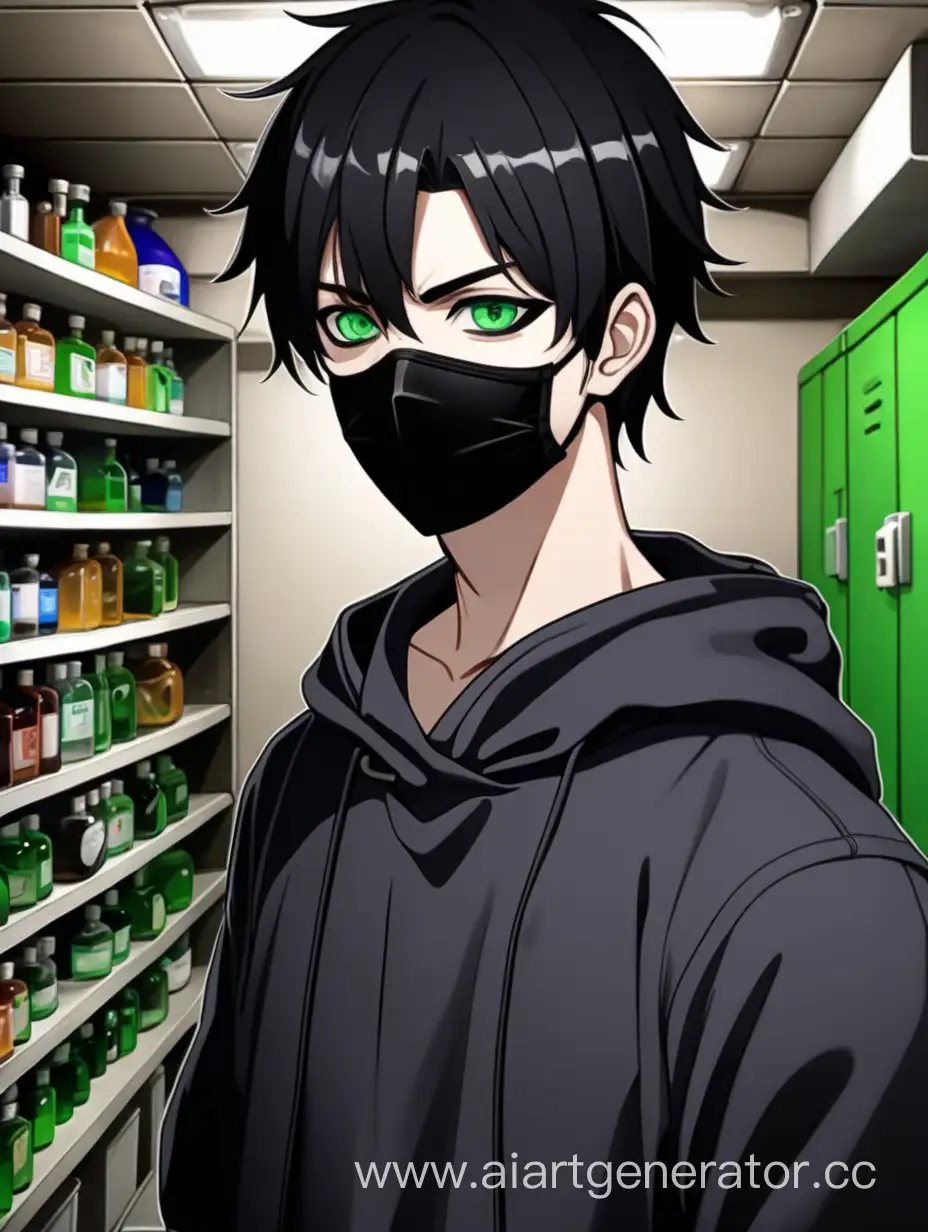 Химик , 2D , 20-25 лет , в маске чёрного цвета ,  в стиле аниме  , c чёрными волосами , без очков ,  с  зелёными глазами ,  в подвале ,   



