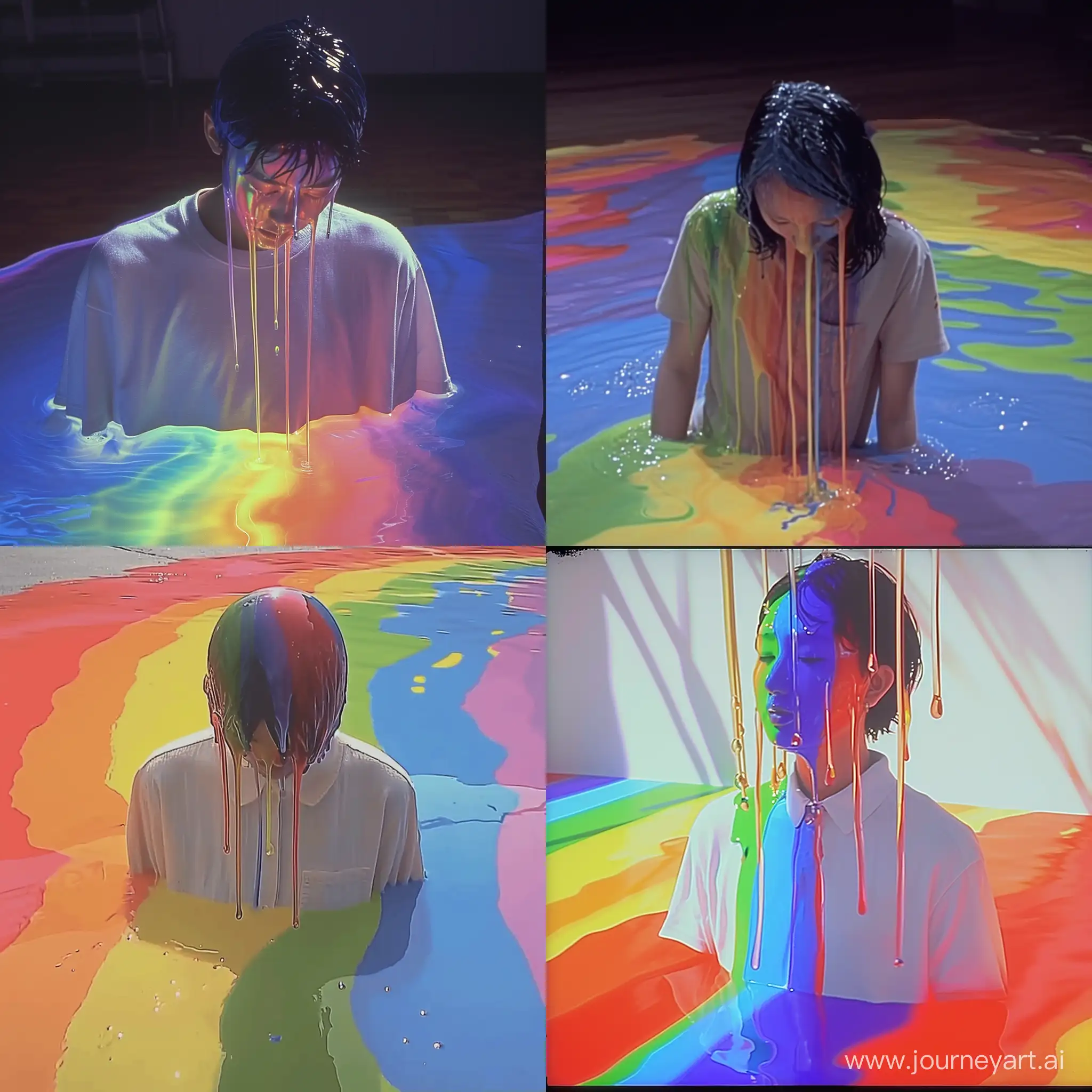 a woman's head melts into the form of a rainbow puddle, shown in a screenshot from a 1991 Japanese animation. he is shown standing in a rainbow puddle. his face has melted into rainbow liquid and is dripping down his shirt and shoulders