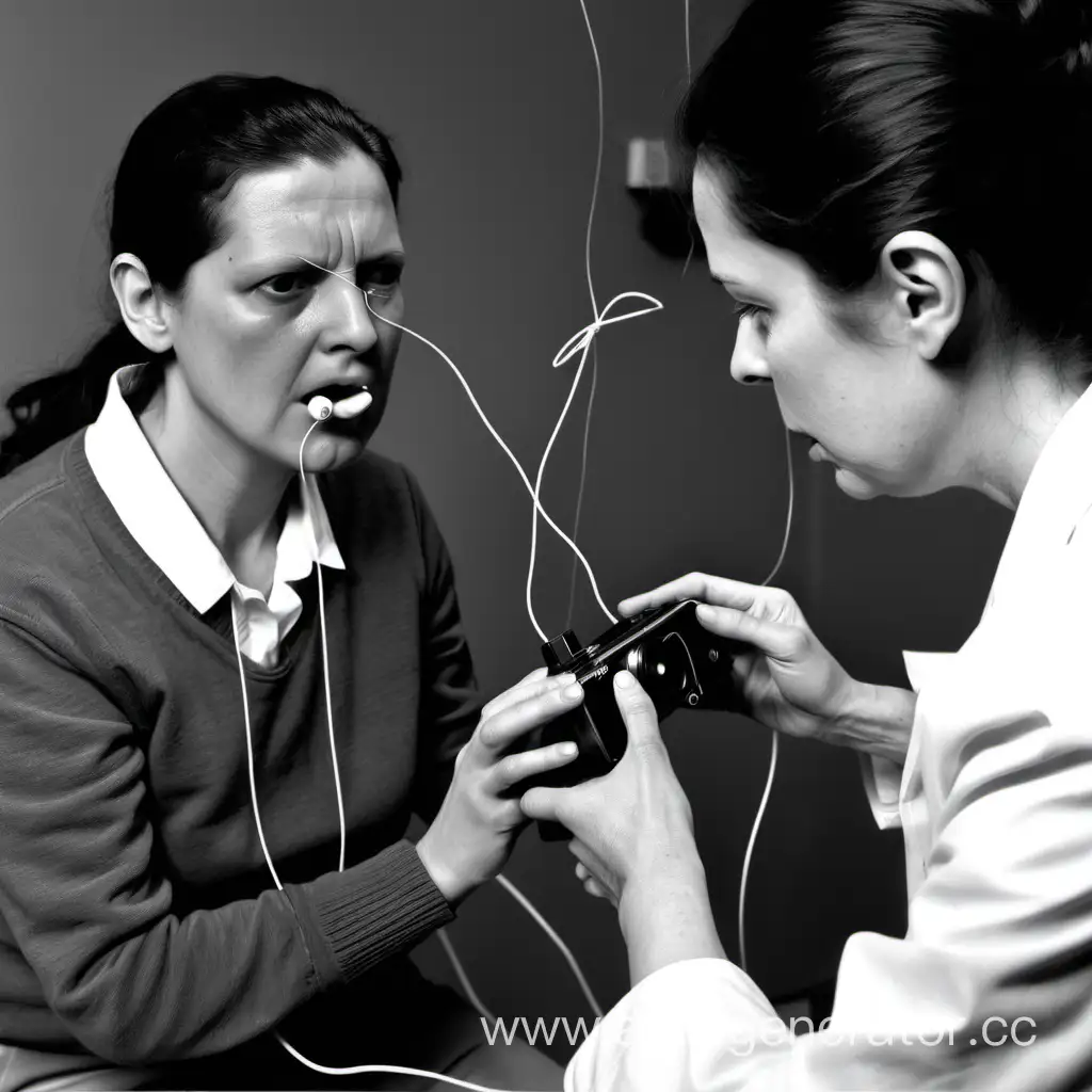 A blind woman is sitting with a video camera that is aimed at the scientist. She has a device in her mouth connected by wires to the camera. The woman has been blind since birth, but the scientist shows her a rubber ball. When he rolls the ball towards her, she uses her hand to stop him. So she sees the ball through the device in her mouth. In the next section, we will discuss electro-tactile stimulation.