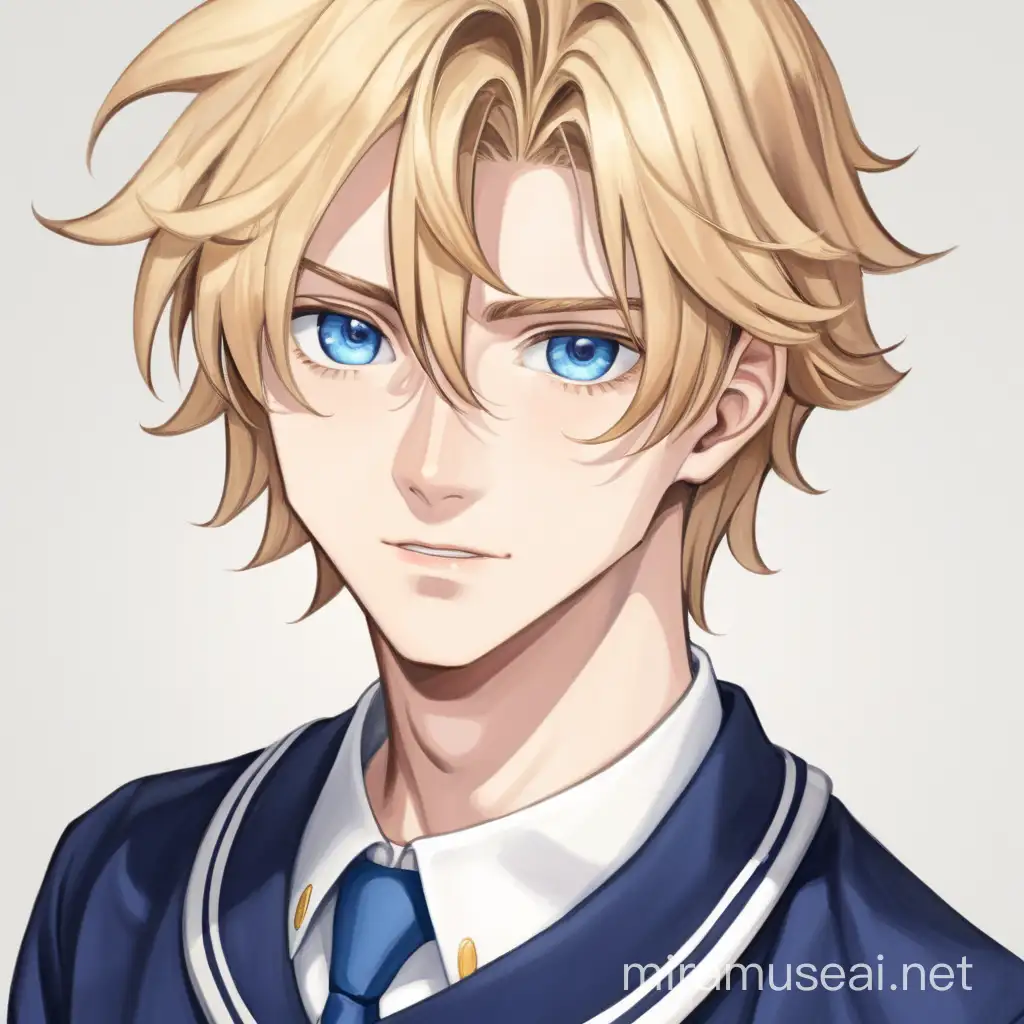 Stylish 18YearOld in School Uniform with Wavy Blonde Hair and Blue Eyes