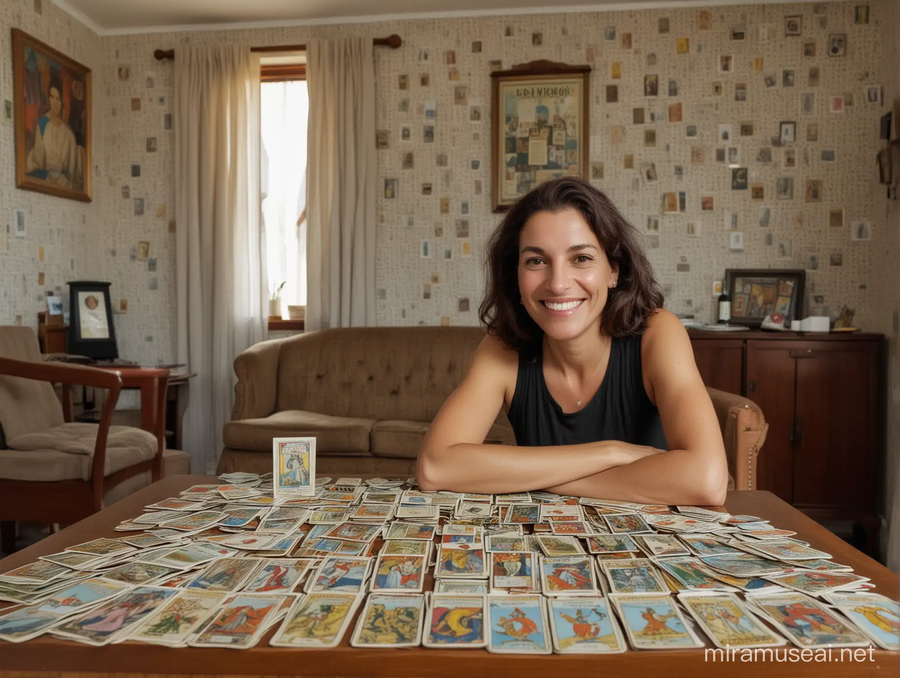 phone photo of simple middle-aged Brazilian woman smiling at the camera sitting in front of a table with 46 tarot cards in the living room of her poor house, with little furniture, a sofa in the background and a window with curtains without pictures on the wall posted to reddit in 2019, --style raw --s 0 --ar 9:16
