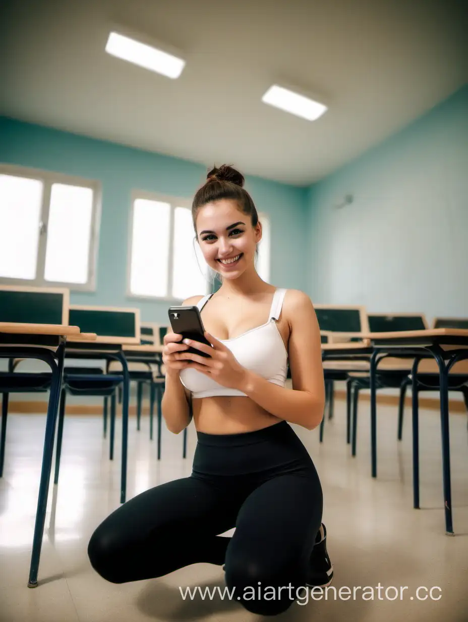 Smiling-Greek-College-Student-in-Athletic-Attire-with-Phone-in-Empty-Classroom