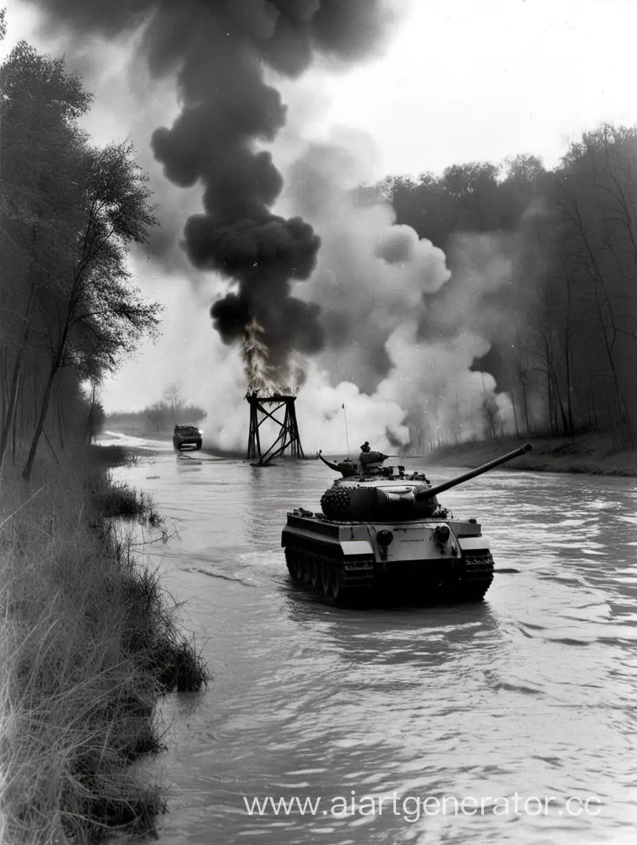 Military-Tank-Crossing-River-Near-Burning-German-Leopard