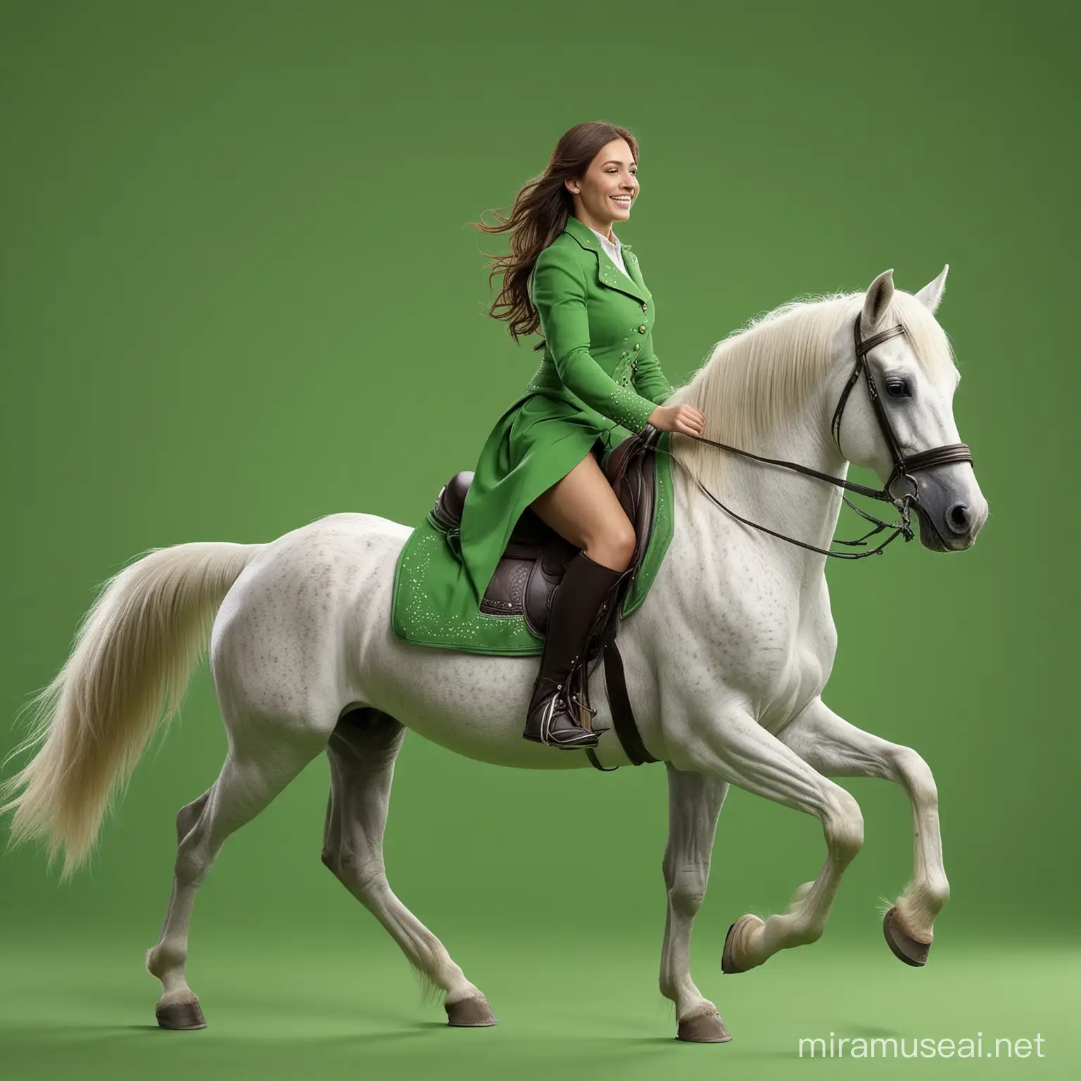 A very beautiful realistic strong horse, class woman riding and smiling. very feminine, very detailed and real. green screen BACKGROUND for chromakey.  realistic. full body. DIAMONDS. LOVE. LOVE. LOVE. MAGICal. SPIRITUAL. HEAVEN LIGHTS.