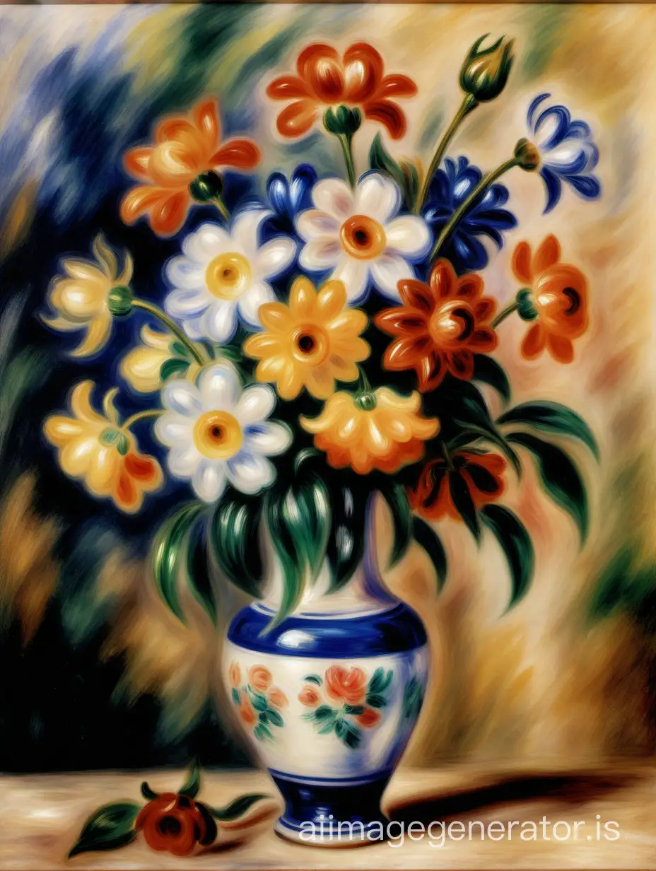 Renoir oil painting of a vase of 5 flowers