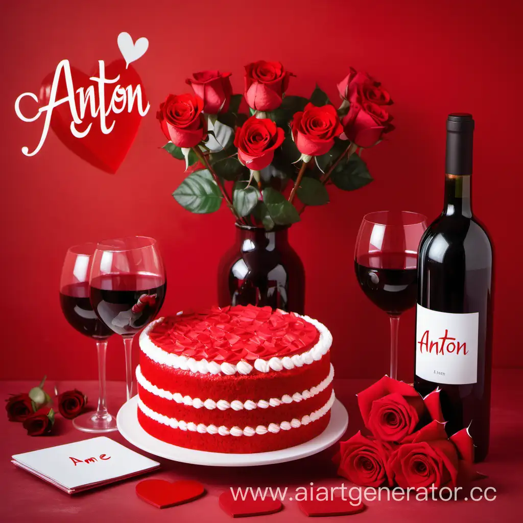 красная стена с сердечками , квадратный красный торт, бутылка вина с надписью ANTON , два бокала, красные розы в прозрачной вазе