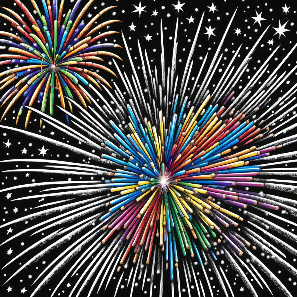 adult coloring book, black and white. Illustrated, dark lined, no shading, highly detailed. closeup view of a night sky lit up by colorful fireworks   