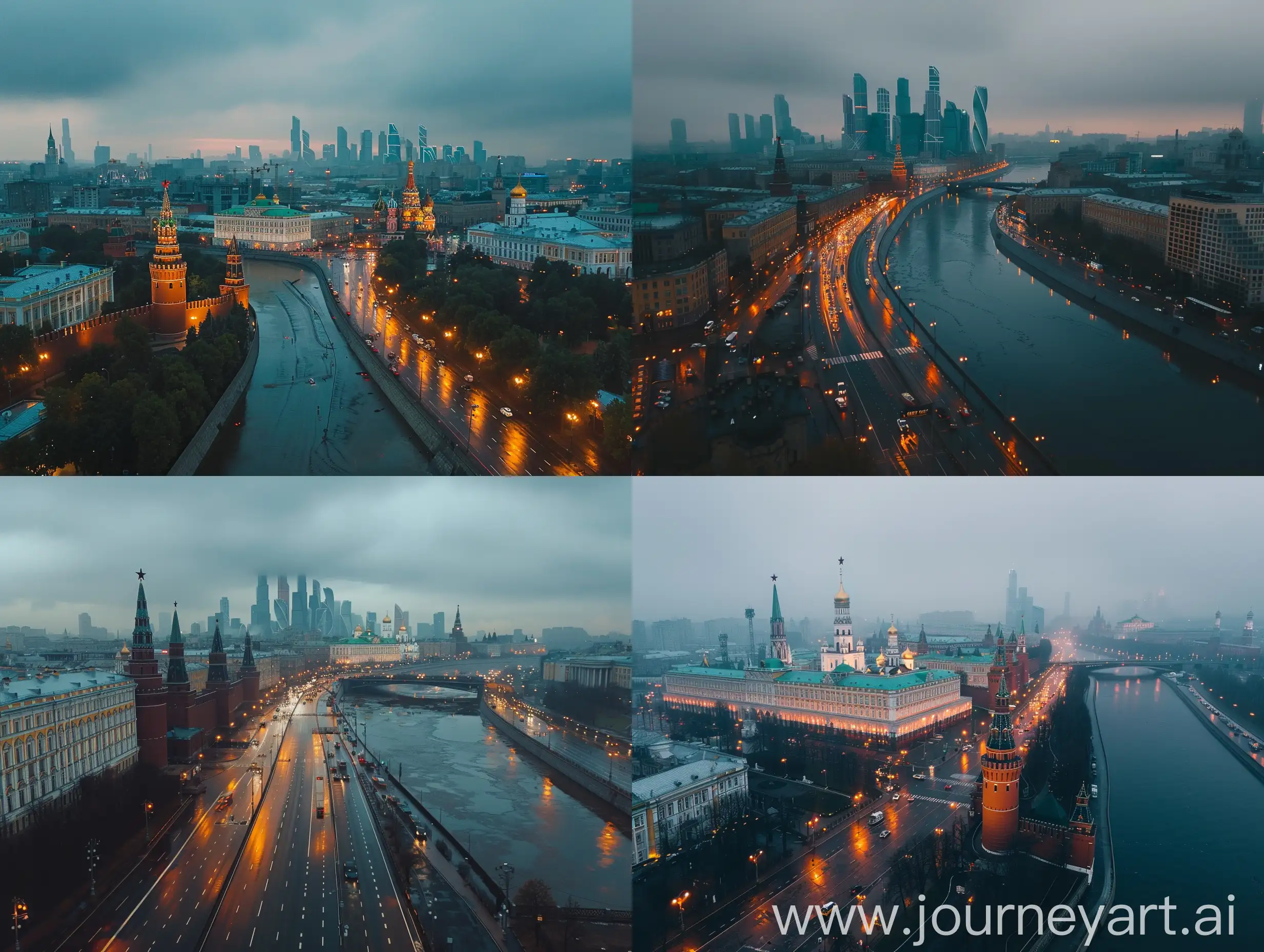 Moscow city, soft lighting, daytime, rainy, rainy, drone view