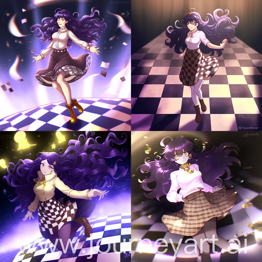 Anime girl, long midnight purple curly hair, cream turtleneck, checkered skirt, golden necklace, black platform mary janes