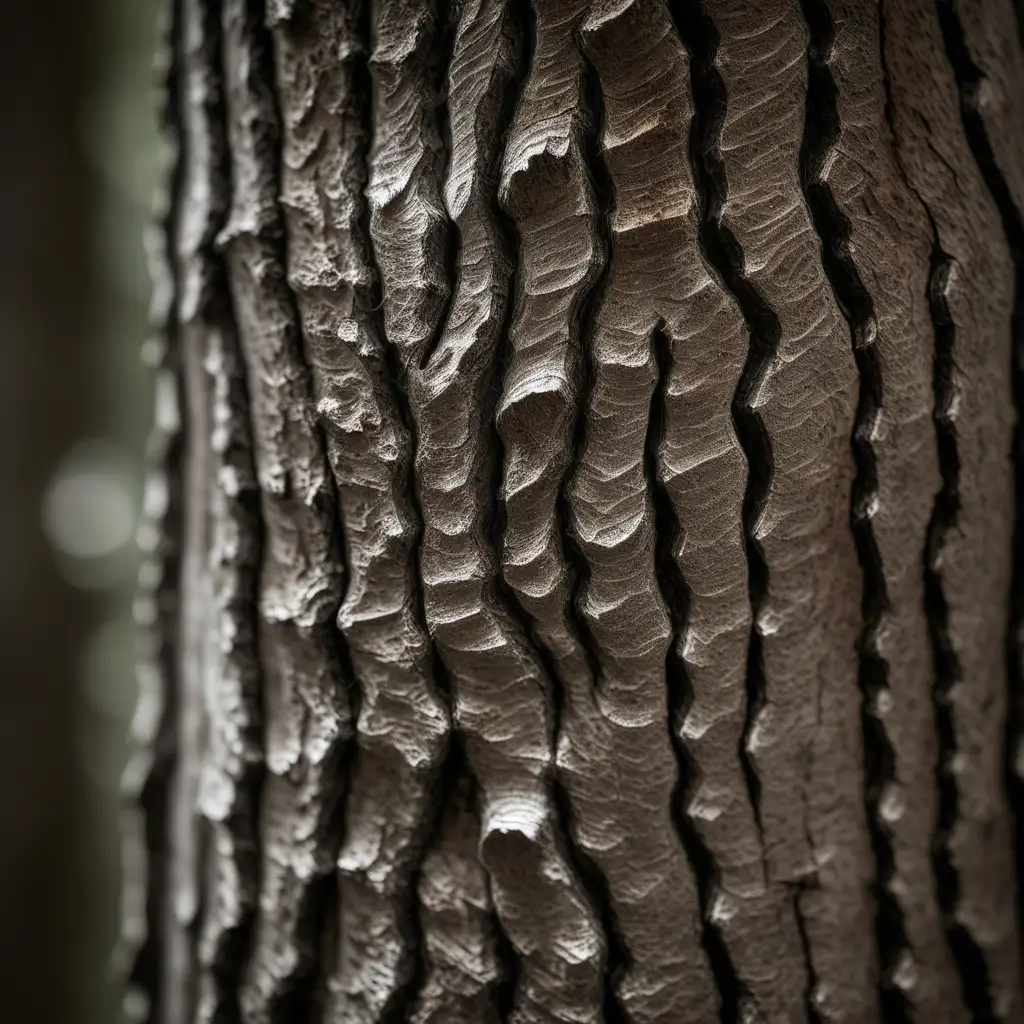 Photograph capturing the rugged texture of tree bark and the forest. Deep grooves and organic details are visible in earthy tones of brown and gray, highlighting natural lines and the roughness of the surface, shot with Sony Alpha a9 II and Sony FE 200-600mm f/5.6-6.3 G OSS lens, natural light, hyper realistic photograph, ultra detailed