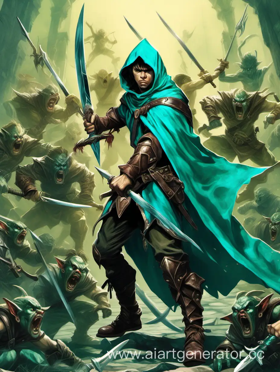 high quality, a young warrior ranger in a turquoise cape without sleeves and a hood stands in a fighting stance with paired scimitars in his hands, surrounded by ferocious goblins