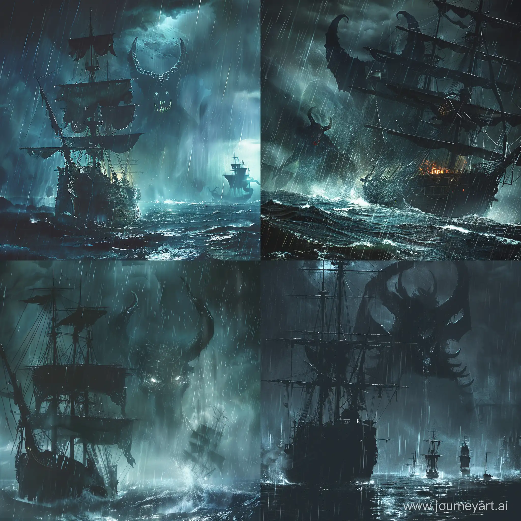 Ночное море со старым кораблем, идет дождь, а за кораблем большой дьявол.