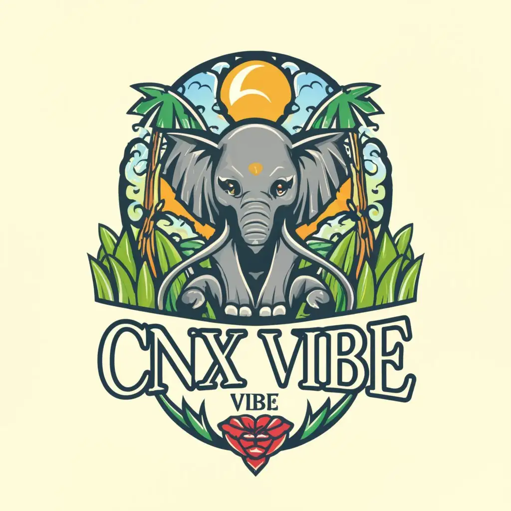 a logo design, with the text CNX VIBE, main symbol: happy elephant, moderate, be used in travel industry, clear background, Modern font, green mountain forest, Thailand, Chiang Mai, Clear background