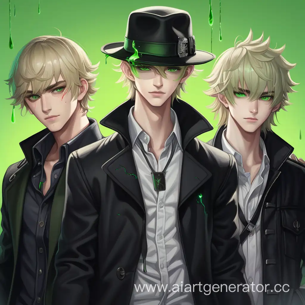три парня один в черном пальто и шляпе со светлыми волосами и зелеными глазами другой в белой рубашке и джинсах со светлыми волосами и зелеными глазами третий в черной рубашке с кровью на руках  со светлыми волосами и зелеными глазами