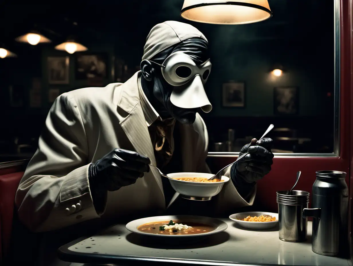 The invisible man eating soup in a downtown diner in style of realism by frank frazetta and annie leibovitz, emotive and moody and muted, dark background
