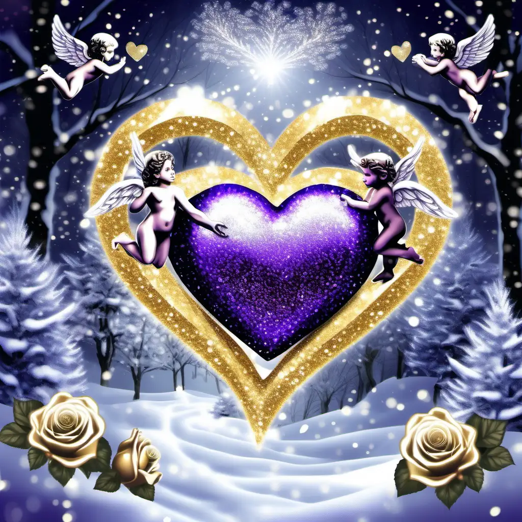Glitter glowing triple hearts , with  cupid, in a snowy glistening winter background, bi colored roses, glitter, gloving, transparent, dark purple, Black and gold
