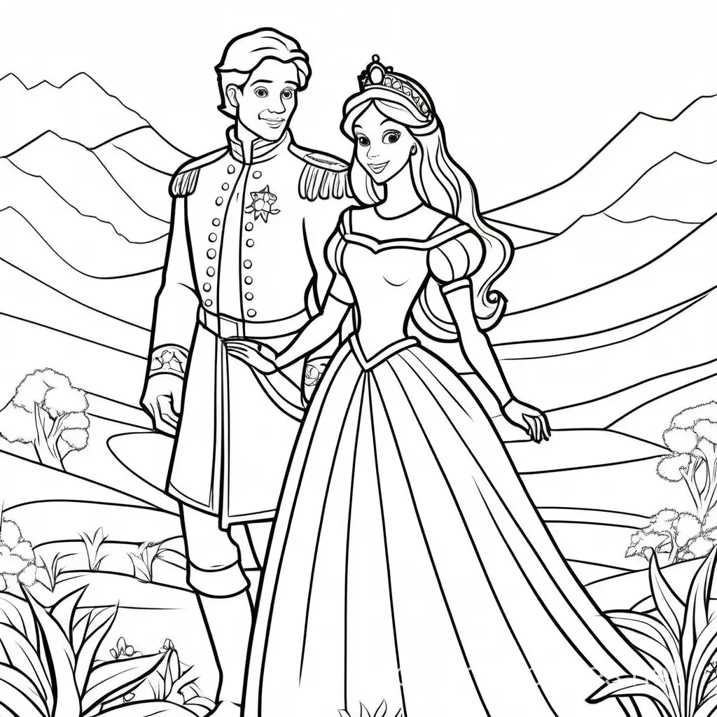 princess with a prince, Coloring Page, black and white, line art, white background, Simplicity, Ample White Space. The background of the coloring page is plain white to make it easy for young children to color within the lines. The outlines of all the subjects are easy to distinguish, making it simple for kids to color without too much difficulty