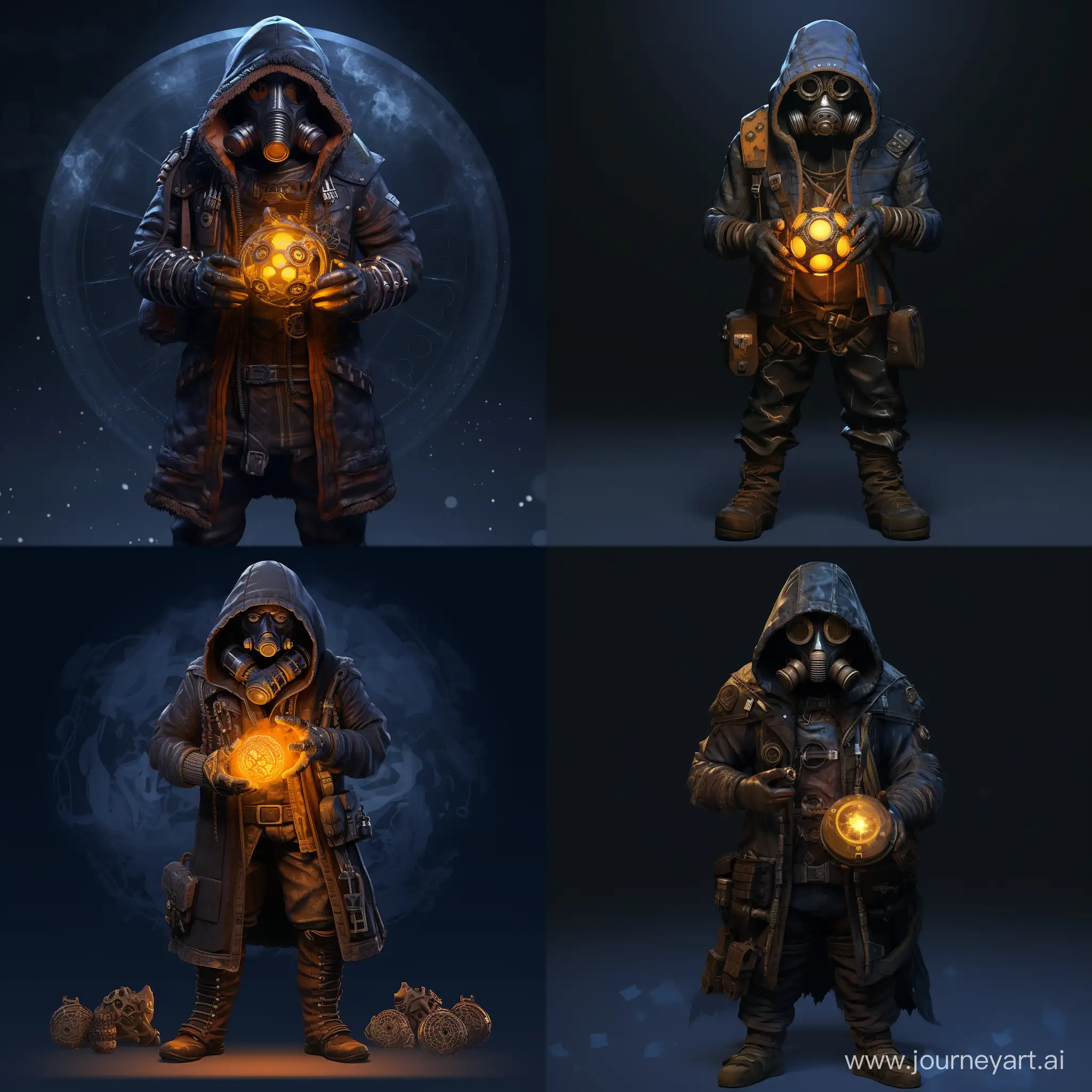 full-length photorealism. Engineer-scientist of strong build. He is wearing a gas mask with a double filter and amber lenses. Dressed in a dark blue warm jacket with a hood with fur trim and dark blue jeans. Wears gray gloves and black combat boots. In his hands he holds a sphere with complex patterns that glow blue.