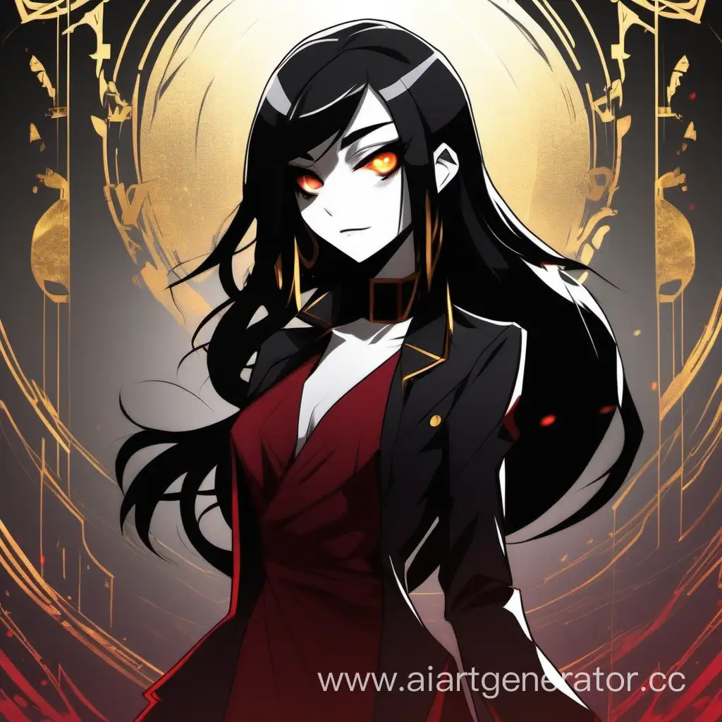 A girl with black hair with golden strands,Long hair, golden eyes, pale gray skin, dark red dress with a neckline, black jacket, Hazbin Hotel style, Hazbin Hotel universe